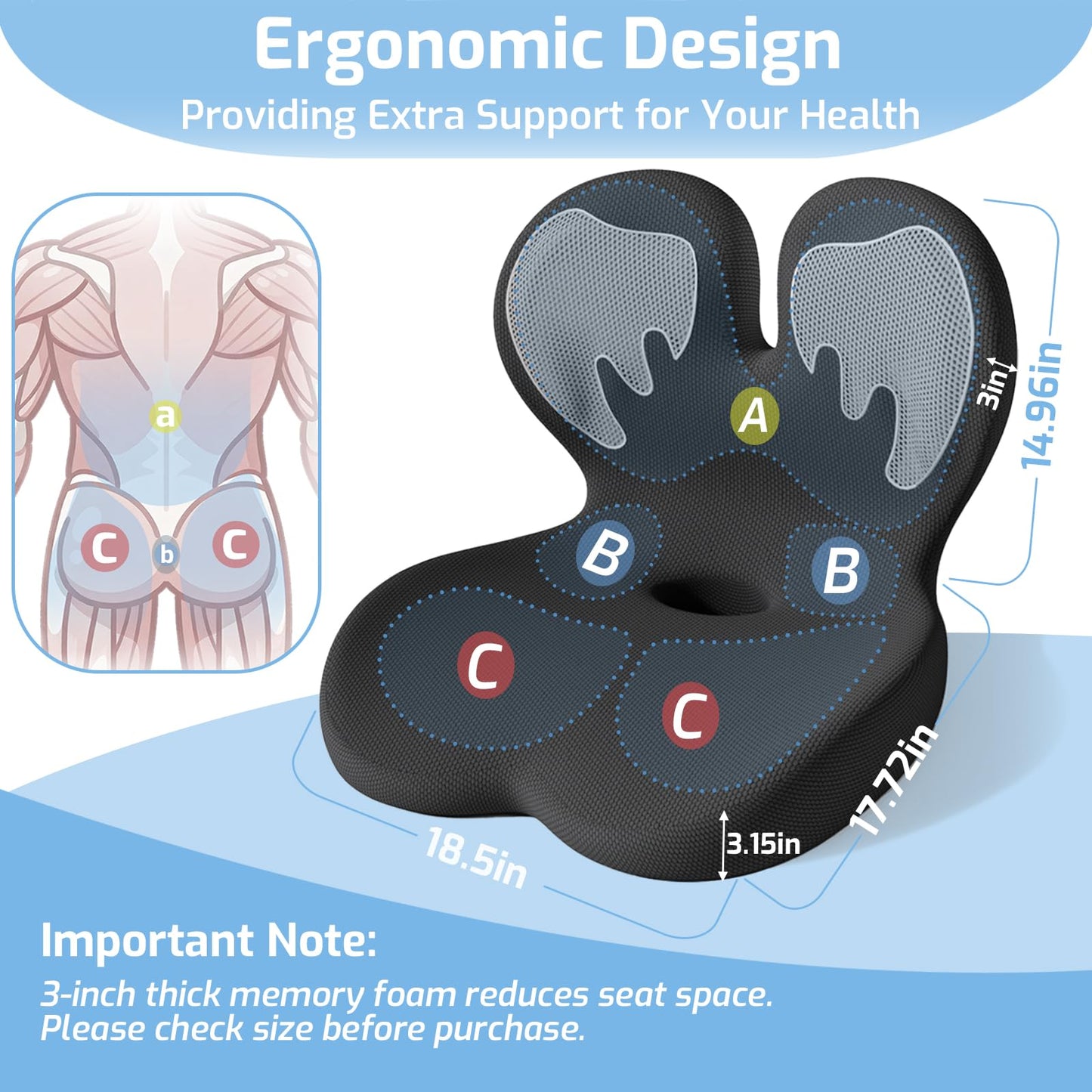 Ergonomic Seat Cushion,Memory Foam Office Chair Cushion with Lumbar Back Support, Design for Sciatica,Tailbone,Back Pain Relief for Office Chair, Car, Truck Driver,Comfort