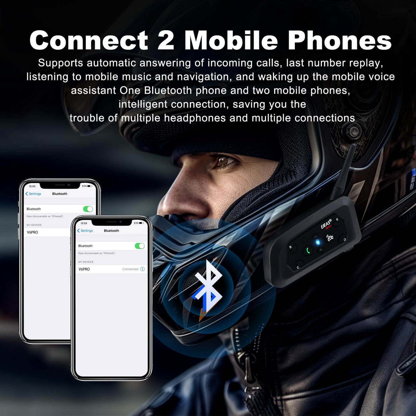 EJEAS V6 Pro Motorcycle Bluetooth Headset, Upgraded 2 Riders Intercom Helmet Communication System with Auto-Answering Call and Noise Reduction for Motorcycling Skiing and Climbing (1 Pack)