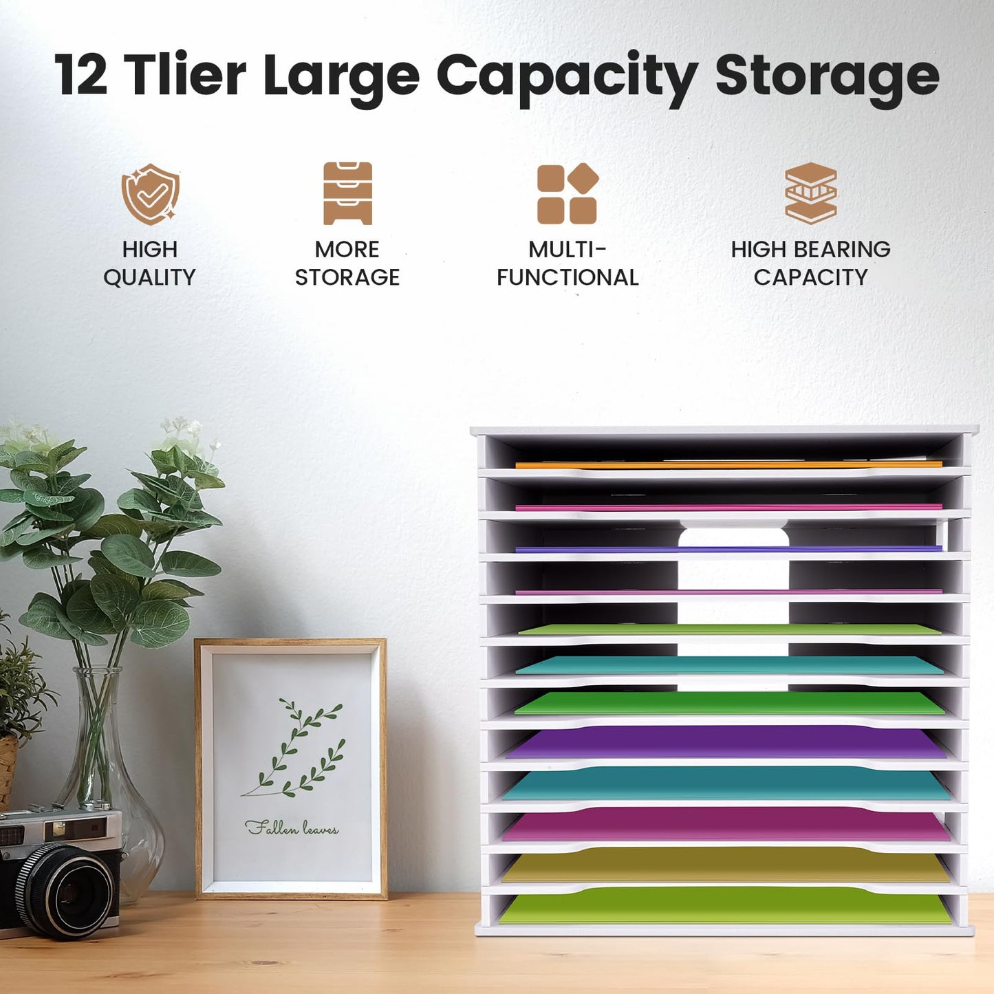 bimiti Scrapbook Paper Organizer - Adjustable 12-Slot Desktop Shelf, 12x12 Paper Storage Cube with Letter Tray for Home Office - White