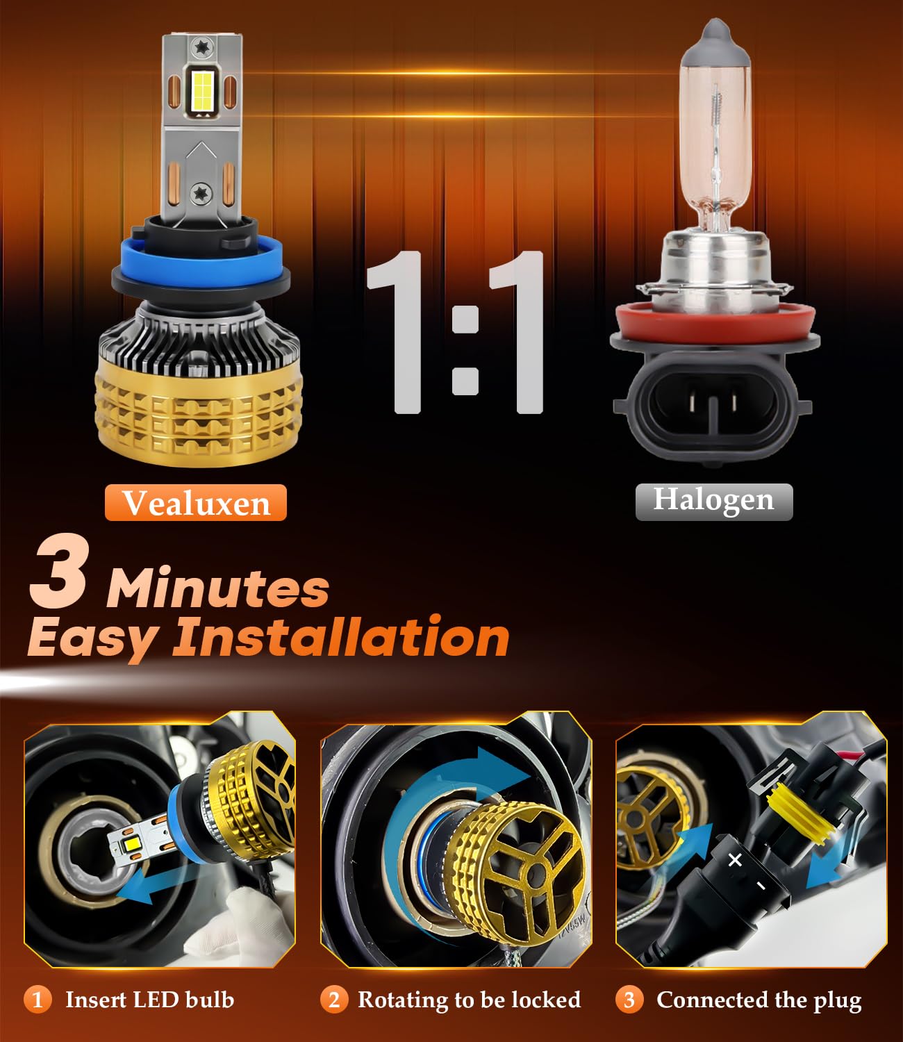 Vealuxen H11 H8 H9 LED Headlight Bulbs 80000LM 1200% Brighter 6000K Cool White CANBUS Ready Plug and Play H16 Halogen Replacement Conversion Kit 2026 Upgraded, Pack of 2
