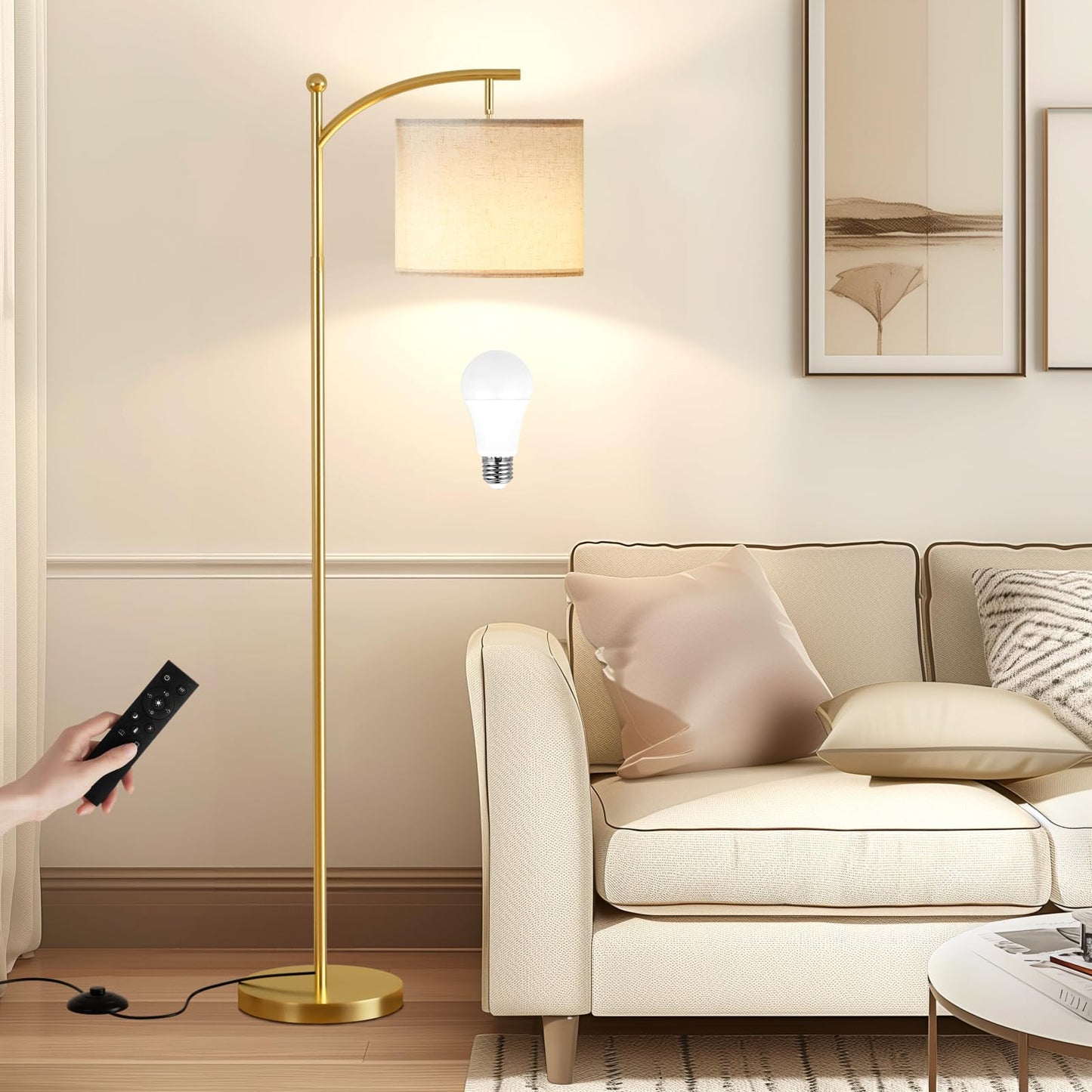 Ambimall Floor Lamp with Remote Control, Brightness and Colors Temperature Adjustable, Rotating Shade, Bulb Included, Modern Floor Lamps for Living Room, Bedroom, Office (Light Beige and Gold)
