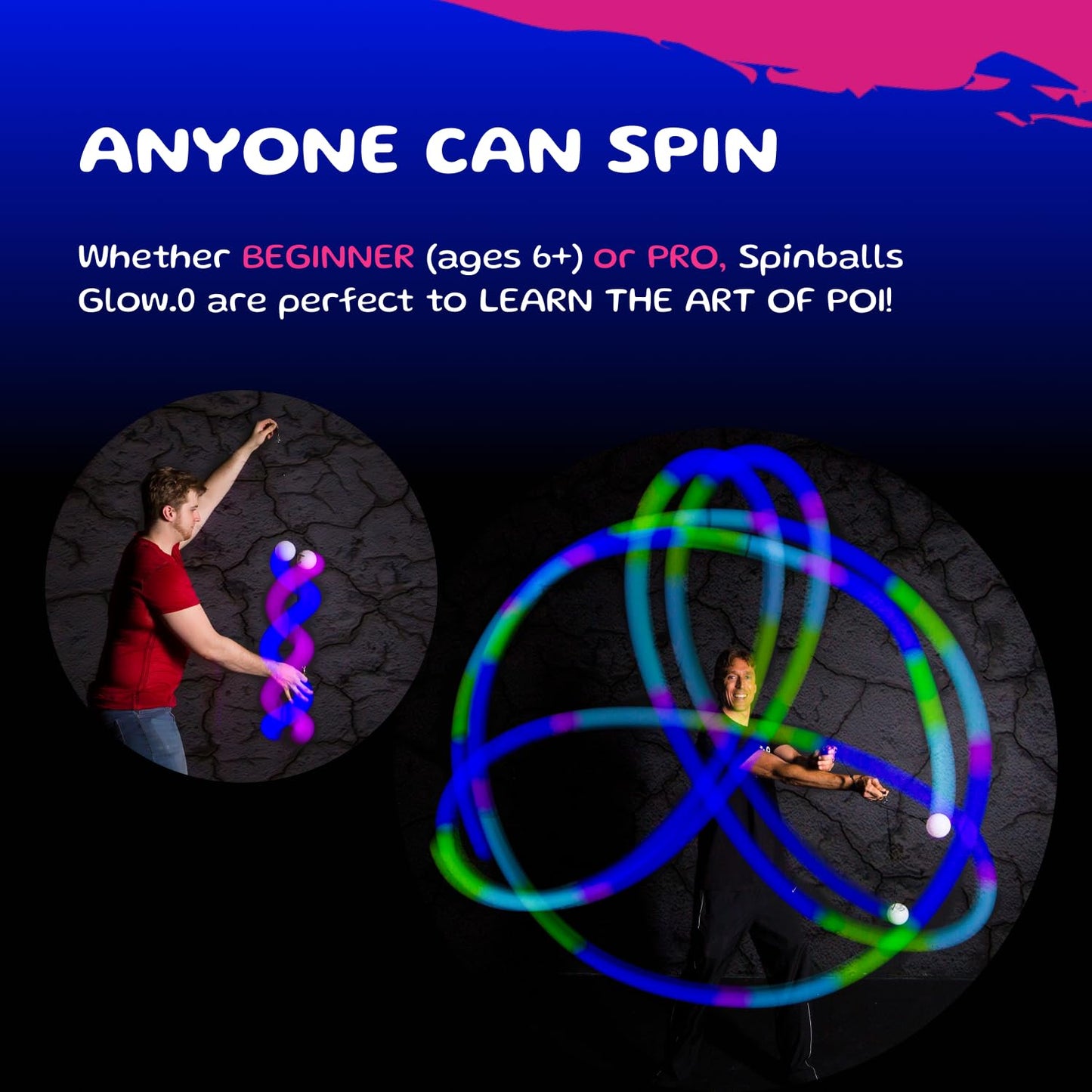Spinballs Glow.0 LED Poi Balls Glow – USB Rechargeable with 22 Vibrant Color Light Modes & Patterns – Durable, Soft-Core LED Poi Spinning Balls with Adjustable Leashes & Double-Loop Handles