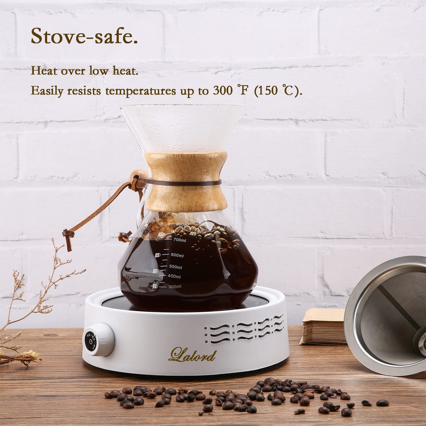 Lalord Pour Over Coffee Maker with Stainless Steel Filter, 600 ml Borosilicate Glass Coffee Maker Carafe, Wooden Collar, Coffee Dripper Brewer, Hold 3 Cups, 20 oz, Clear