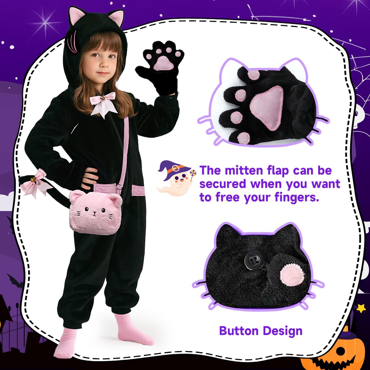 ANPHILE Kids Cat Costumes for Girls, Black Cat Costume for Girl with Cute Kitty Purse Bag, Halloween Costumes for Girls Kids
