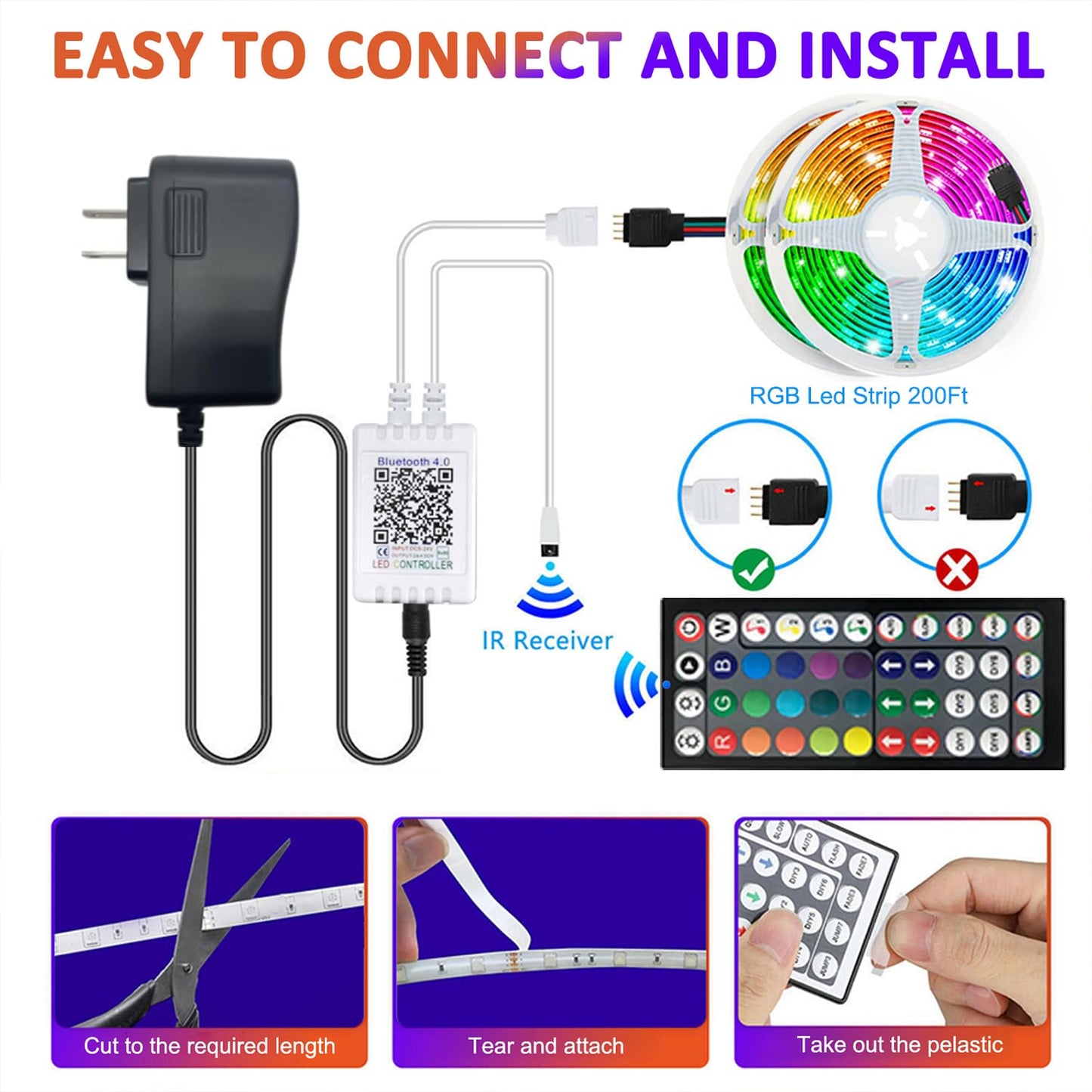 KENTA Led Strip Lights 200ft (2 Rolls of 100ft) Smart Light Strips with App Control Remote, 5050 RGB Led Lights for Bedroom, Music Sync Color Changing Lights for Room Party…