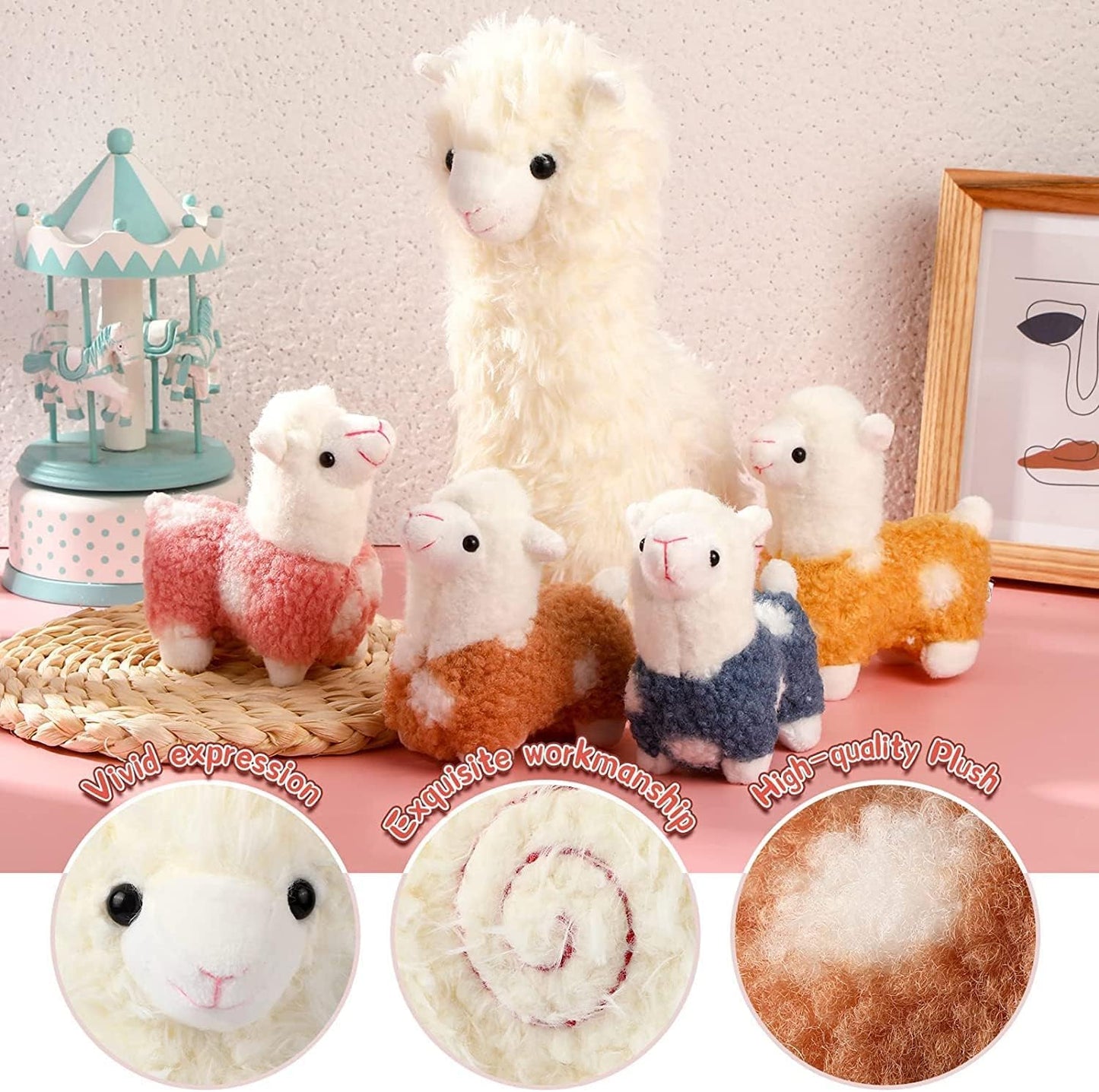 Llama Stuffed Animals with 4 Baby Llamas Cute Alpaca Plush Set Kawaii Llama Soft Pillow Dolls for Girls Birthday Wedding Anniversary Presents Home Sofa Decor(Alpaca,11 Inch, 4.7 Inch)