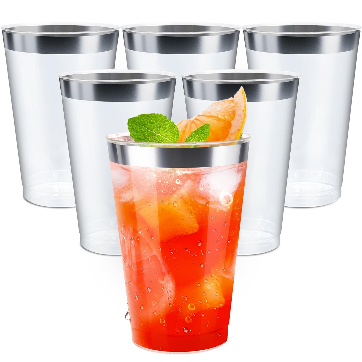 Byvivace [200 Pack 12oz Clear Plastic Cups with Silver Rimmed Sturdy & Food Safe Disposable Wine Glasses Party Cups Wedding Cups Disposable Drinking Cups for Wine, Juice, Cocktails and Cold Beverages
