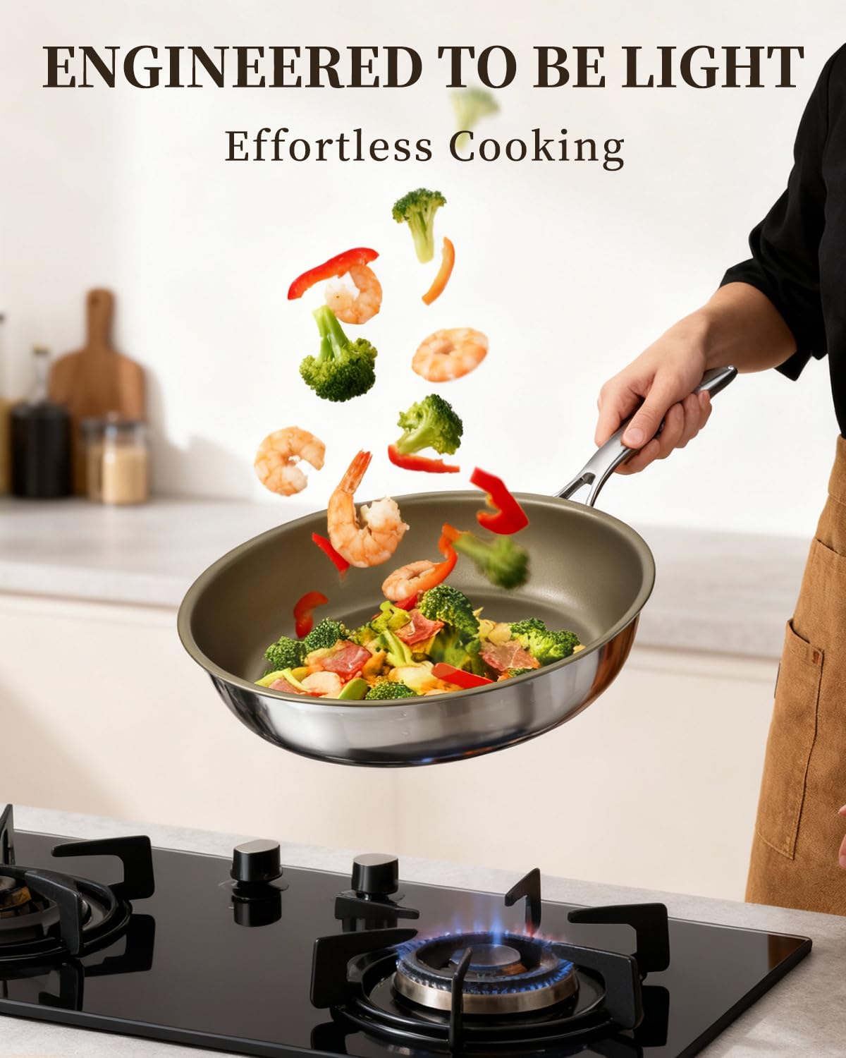 ABIJAN 11inch Stainless Steel Pan, Non Stick Frying pan, 3-Ply Titanium pan, Induction Cooking pan, Compatible with All Cooktops, Oven Safe, PFOA/PFAS/PTFE Free, Brown