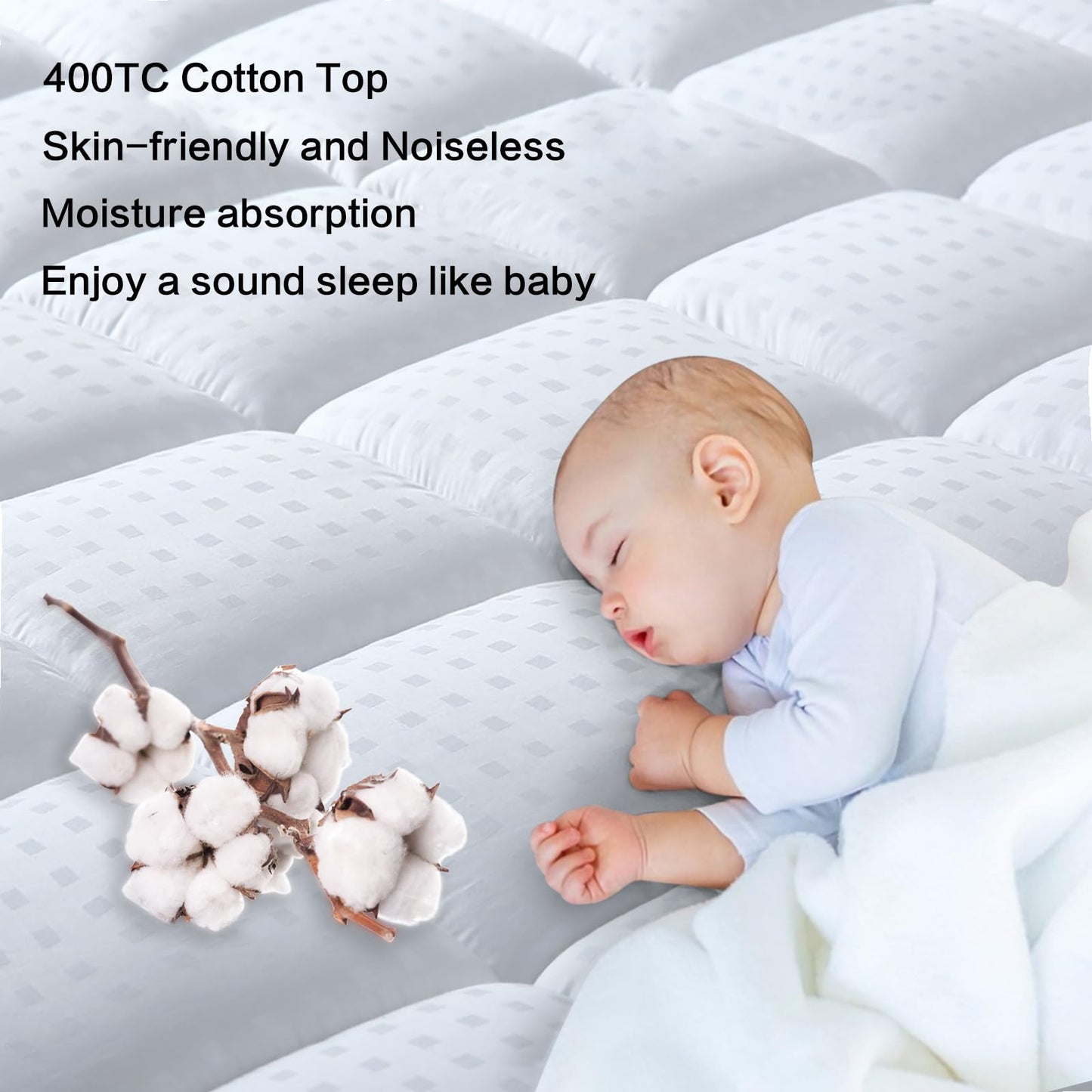 BaliChun Queen Size Mattress Pad Cotton Top Mattress Topper Fitted Quilted Mattress Cover Soft Breathable Pillow Top Cooling Mattress Protector Stretches up 8"-21" Deep Pocket (60×80 Inches, White)