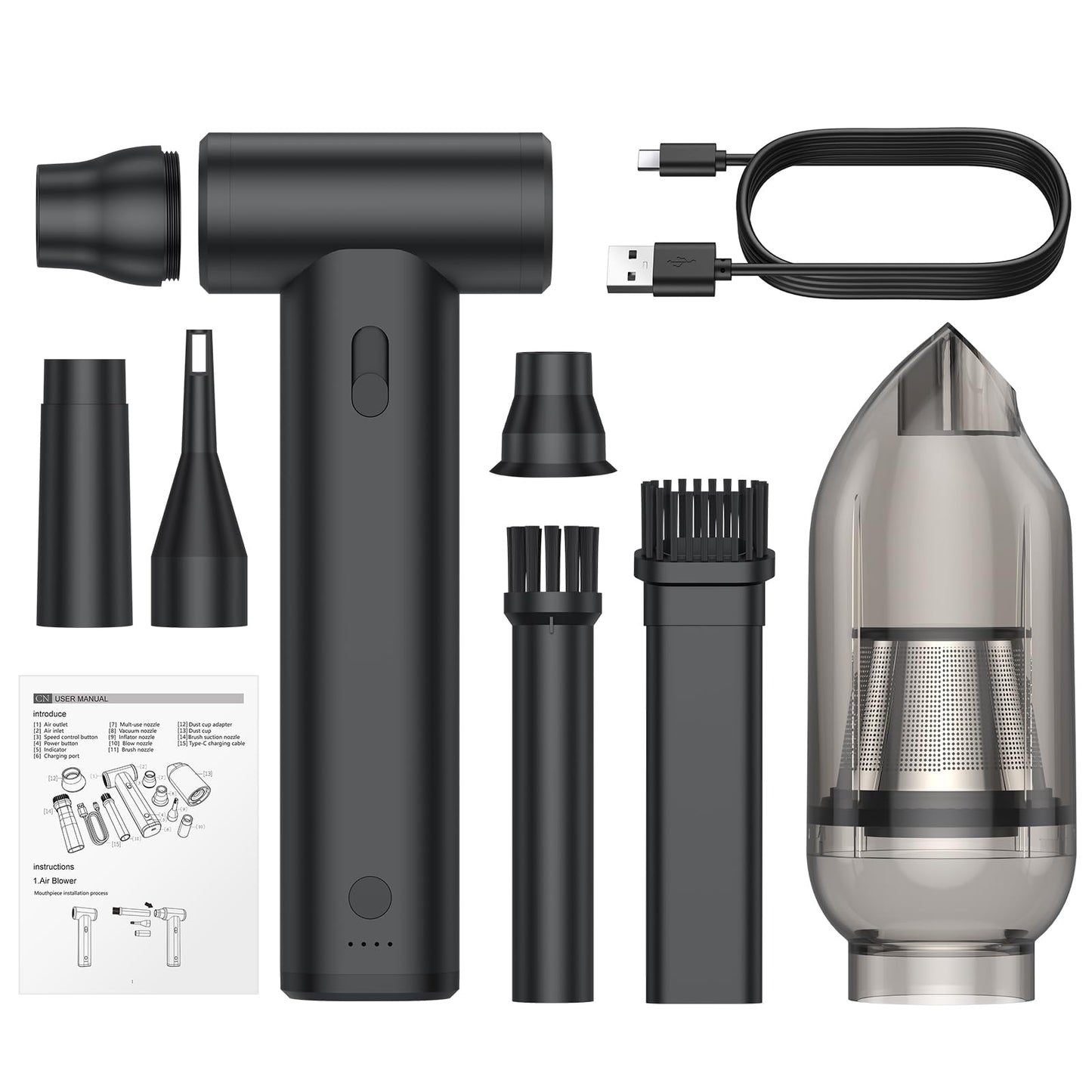 2-in-1 Air Duster and Vacuum Cleaner Cordless Air Blower with Adjustable Speed 37m/s, 4 Removable Nozzles, Rechargeable Mini Blower for Keyboard, PC, Car Cleaning and Outdoor Use