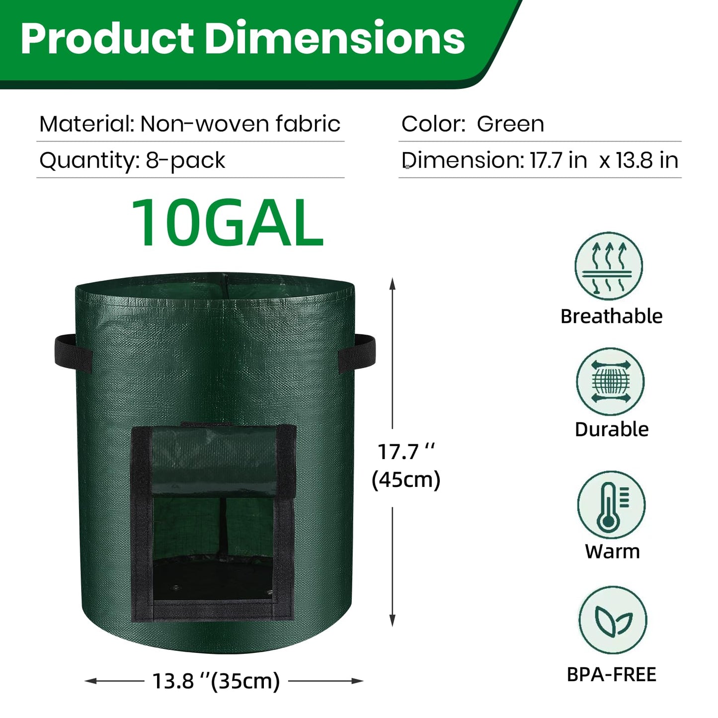8 Pack Grow Bags, 10 Gallon Potato Growing Bags Durable PE Vegetable Planter Bag with Flap and Handles Large Garden Pots Potato Growing Containers for Vegetables, Fruits and More