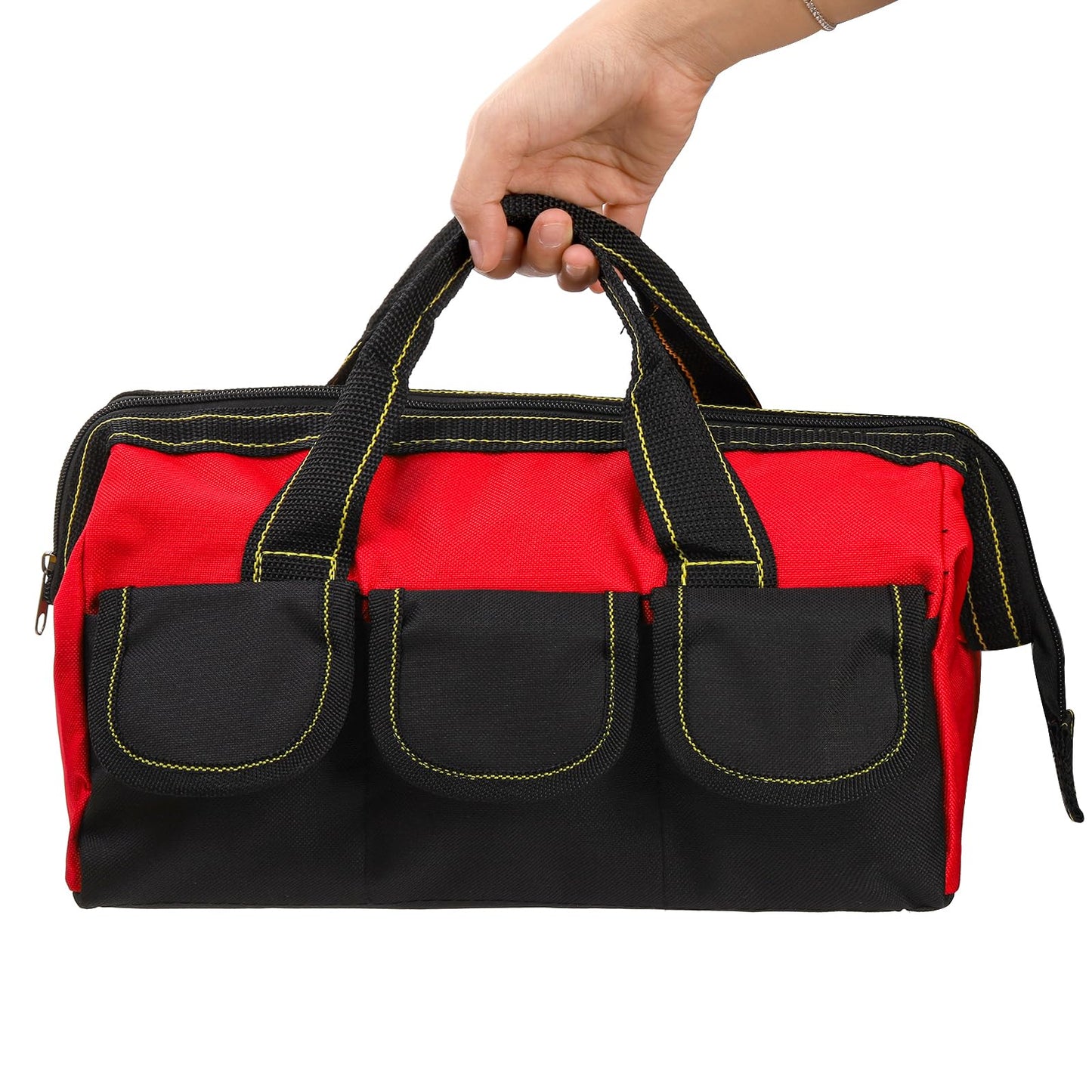Mezchi 3 Pack 12 Inch Tool Bag, Wide Mouth Tool Tote Bag with Waterproof Base, Heavy Duty Tool Storage Bag Organizer for Various Tools, 5 Pockets, Blue, Yellow, Red