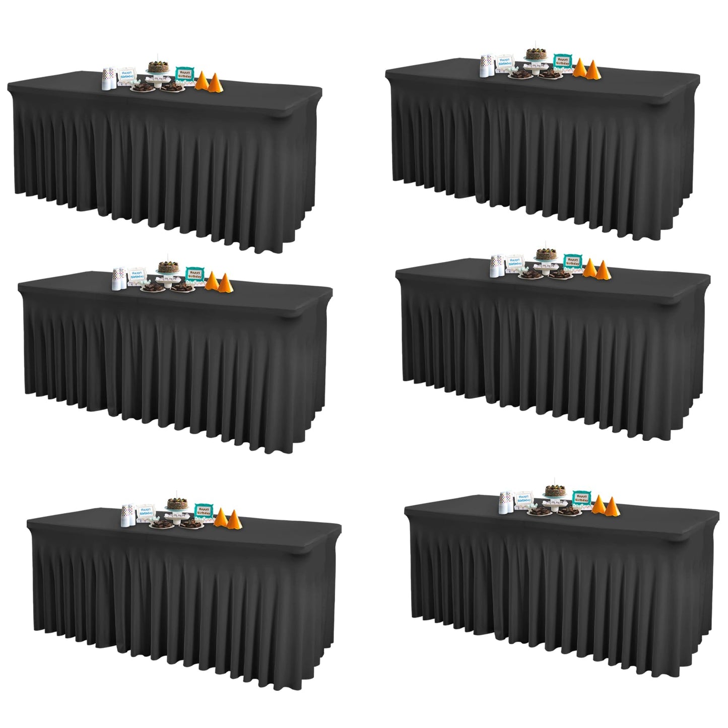 6 Packs Black Spandex Clothes for 8 Foot Rectangle Tables, Stretch Covers 8FT Skirts, Wrinkle Free Fitted Cover for Event, Wedding, Banquet & Parties