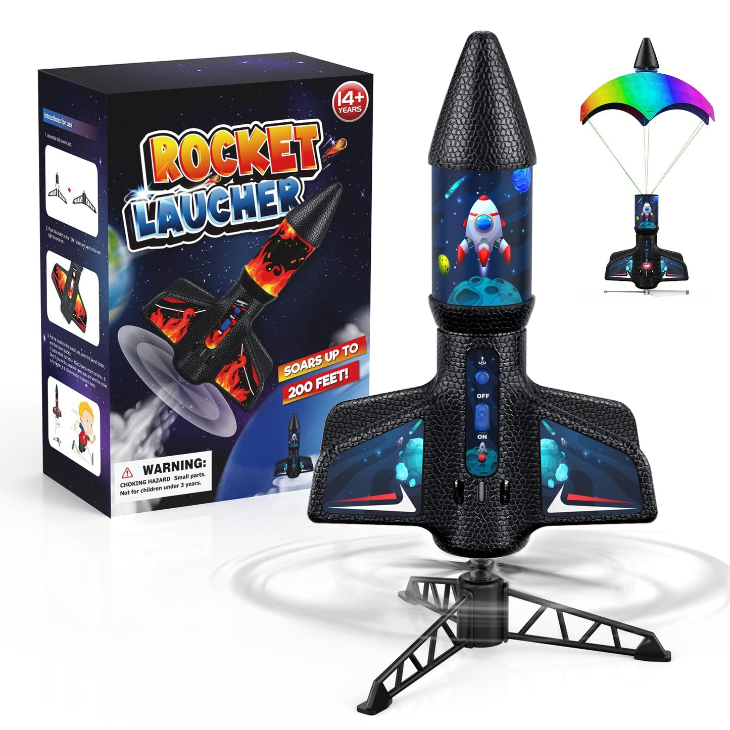 AIDELF Rocket Launcher for Kids, Launch Glow in Dark Rockets with Parachute, Shoots Up to 200 Feet, Outdoor Games Toys for Ages 8-14 Birthday Gift (Universe)