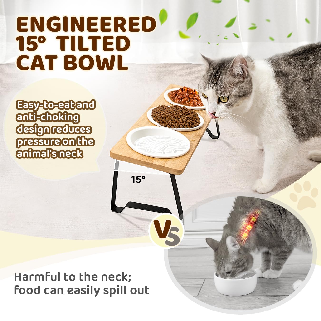 AUTOWT Elevated Cat Bowls, 15°Tilted Raised Cat Food Bowl with 3 Ceramic Dishes and Bamboo Stand Feeding Station Provides Optimal Eating Position, for Indoor Cats Pet Food and Water, Easy Assembly