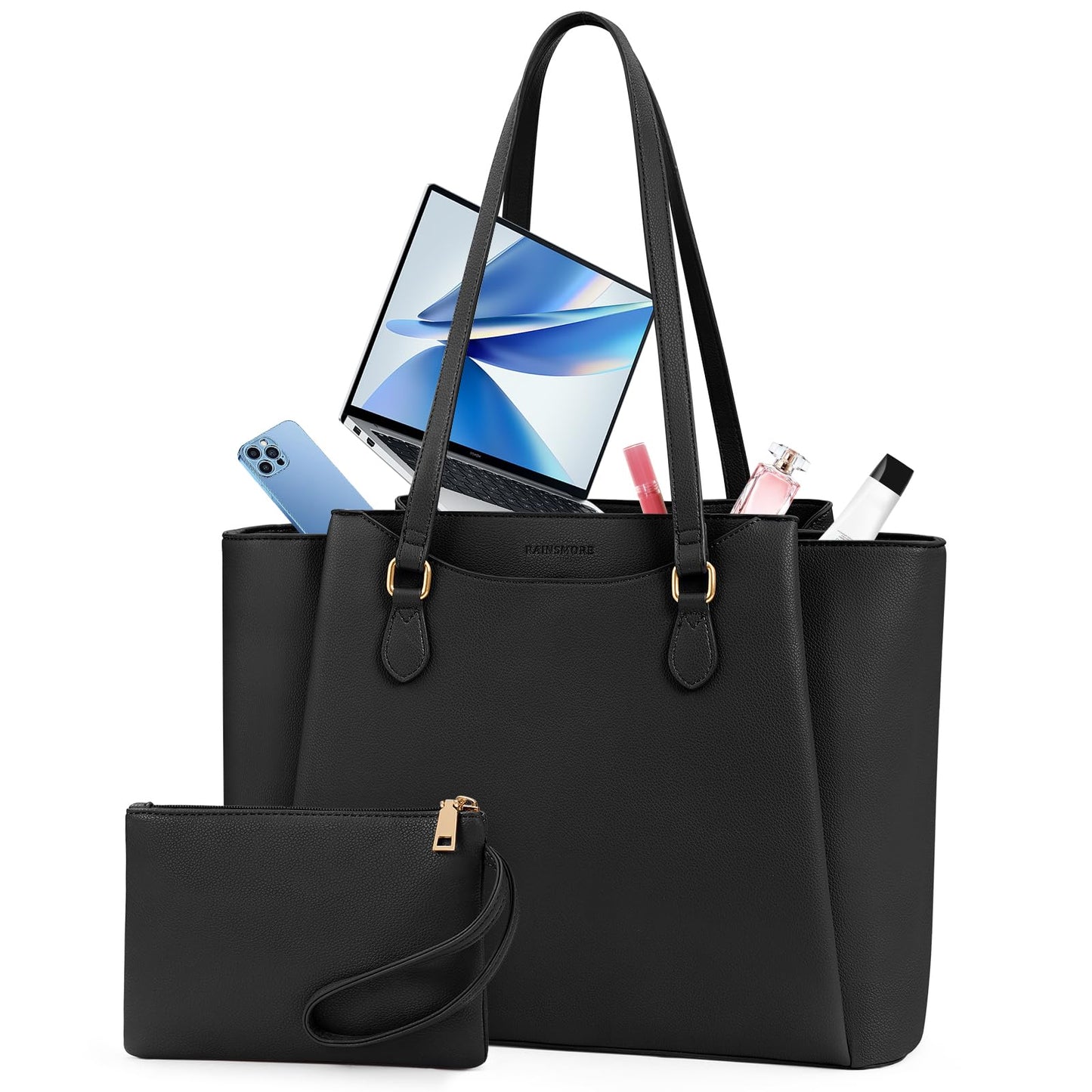 RAINSMORE Laptop Bags for Women 15.6 Inch Work Tote Bags Womens Laptop Purse Waterproof PU Leather Laptop Briefcase for Office Computer Bag Women Travel Handbag, Black