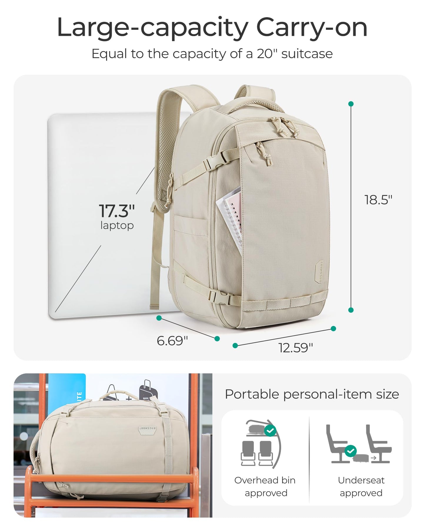 BAGSMART Blast Travel Backpack, 15.6 Inch Carry On Backpack Flight Approved, TSA Approved Personal Item Travel Bag, Water Resistant Weekender Bag Luggage Daypack, Beige