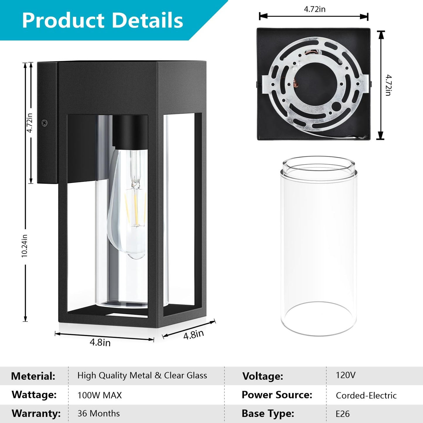 2-Pack Outdoor Wall Light Fixtures, Exterior Waterproof Lanterns, Porch Sconces Wall Mounted Lighting with E26 Sockets & Glass Shades, Modern Matte Black Wall Lamps for Patio Front Door Entryway