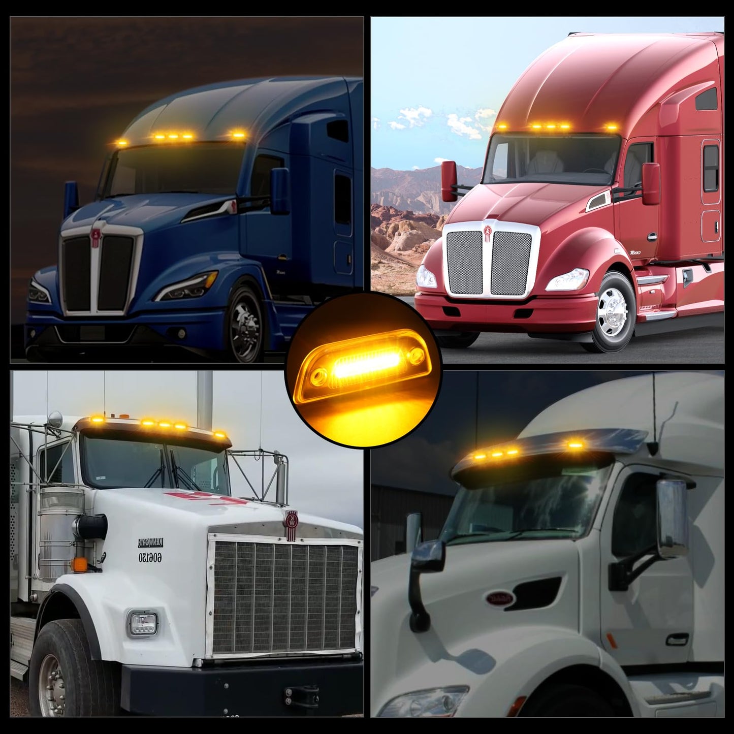 JZYZQBX 5PCS 9LED Cab Marker Top Roof Running Lights Assembly, Reflective Clear Lens, Super Bright Amber Light, Compatible with Kenworth T680 T770 T880 & Peterbilt 579 Heavy Trucks Cab Marker Lights