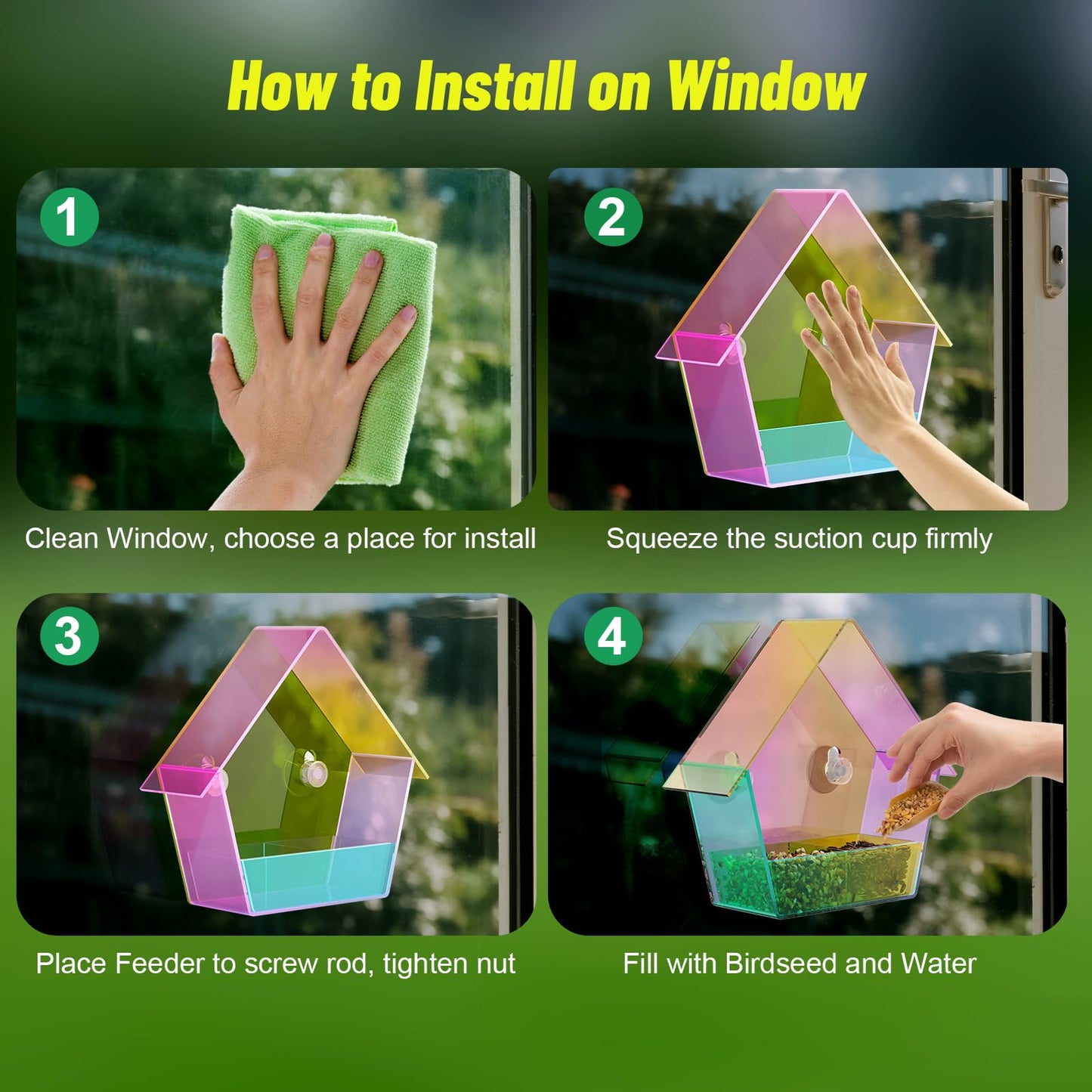 Window Bird Feeder with Strong Suction Cups, Outdoor Hummingbird Colorful Transparent Feeder for The Window, Waterproof Acrylic Birdfeeder with 2 Expansion Screws for Tree/Patio