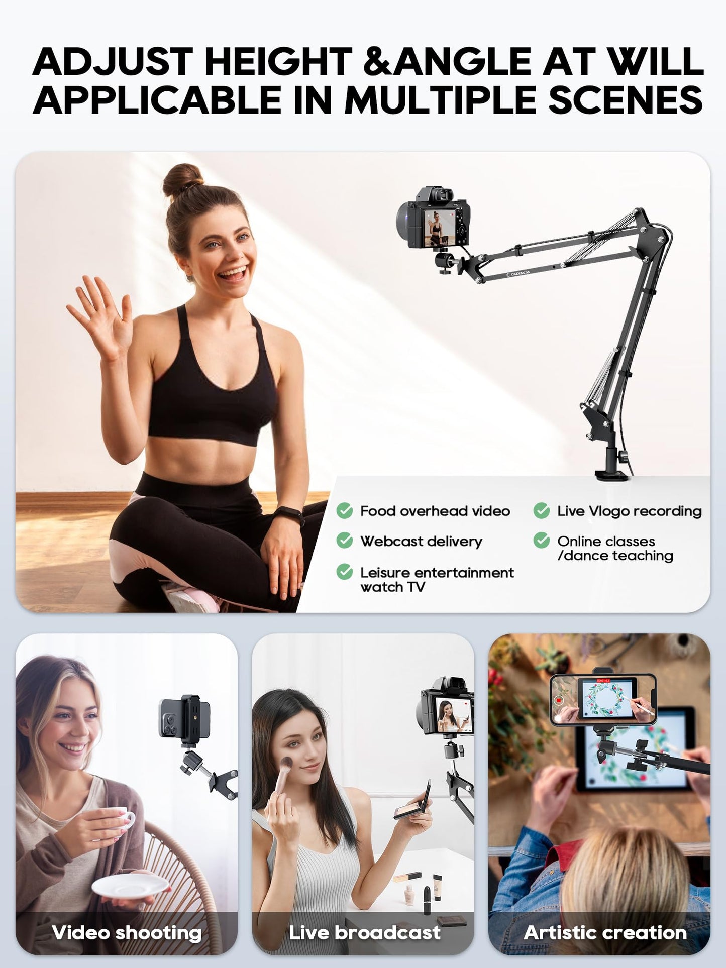 CACENCAN Overhead Camera Mount, 5lb Horizontal Load-Bearing, 360° Adjustable Stand for Desk, Flexible Camera Arm Desk Mount, with Phone Clamp, Tabletop Mount for DSLR Camera/Webcam/Microphone