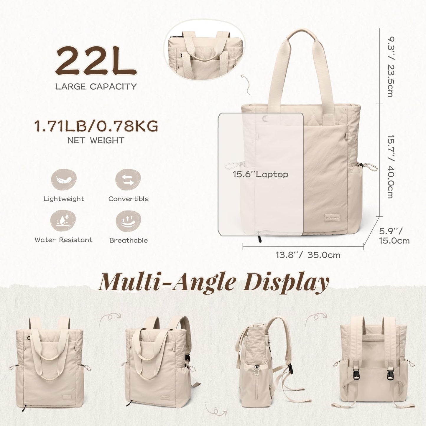 Convertible Laptop Backpack Yoga Sports Bag Quilted Tote Bag, Yoga Mat Carrier Bag for Travel, Fitness, Office and Shopping (Apricot)