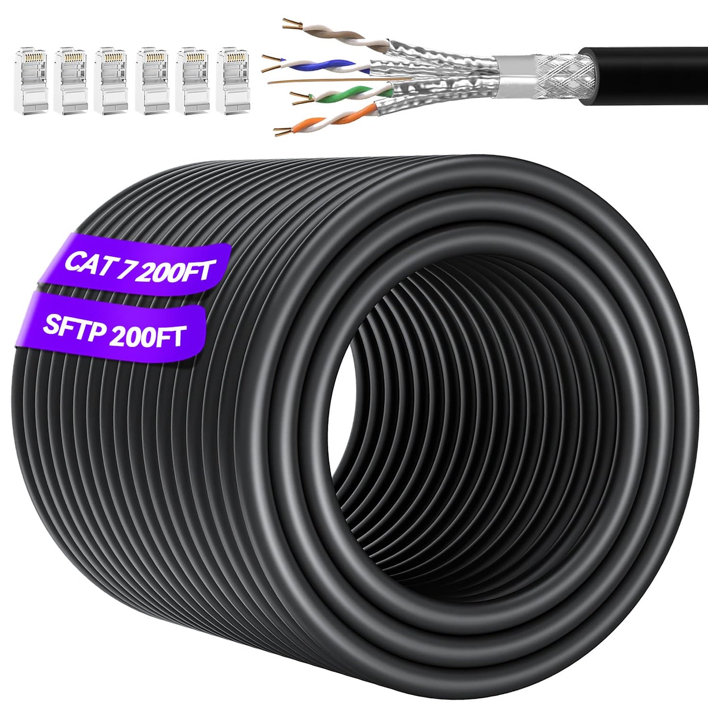 Cat 7 Outdoor Ethernet Cable 200ft Bulk (10RJ45), Cat7 SFTP Triple Shielded Ethernet Cable, High Speed 10Gbps, 24AWG, Waterproof, Direct Burial, UV Resistant Internet Cables 200 ft for Modem Router