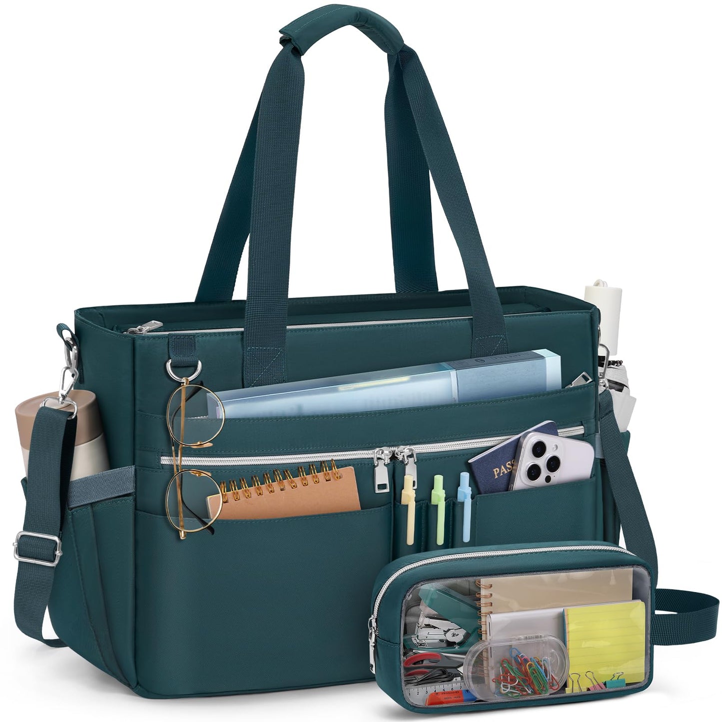 Teacher Tote Bag for Women 15.6 Inch Laptop Briefcase with Clutch Bag, Nurse Bags Professional Work Handbag for Office College Nursing, Large Utility Tote Messenger Shoulder Bag, Dark Green