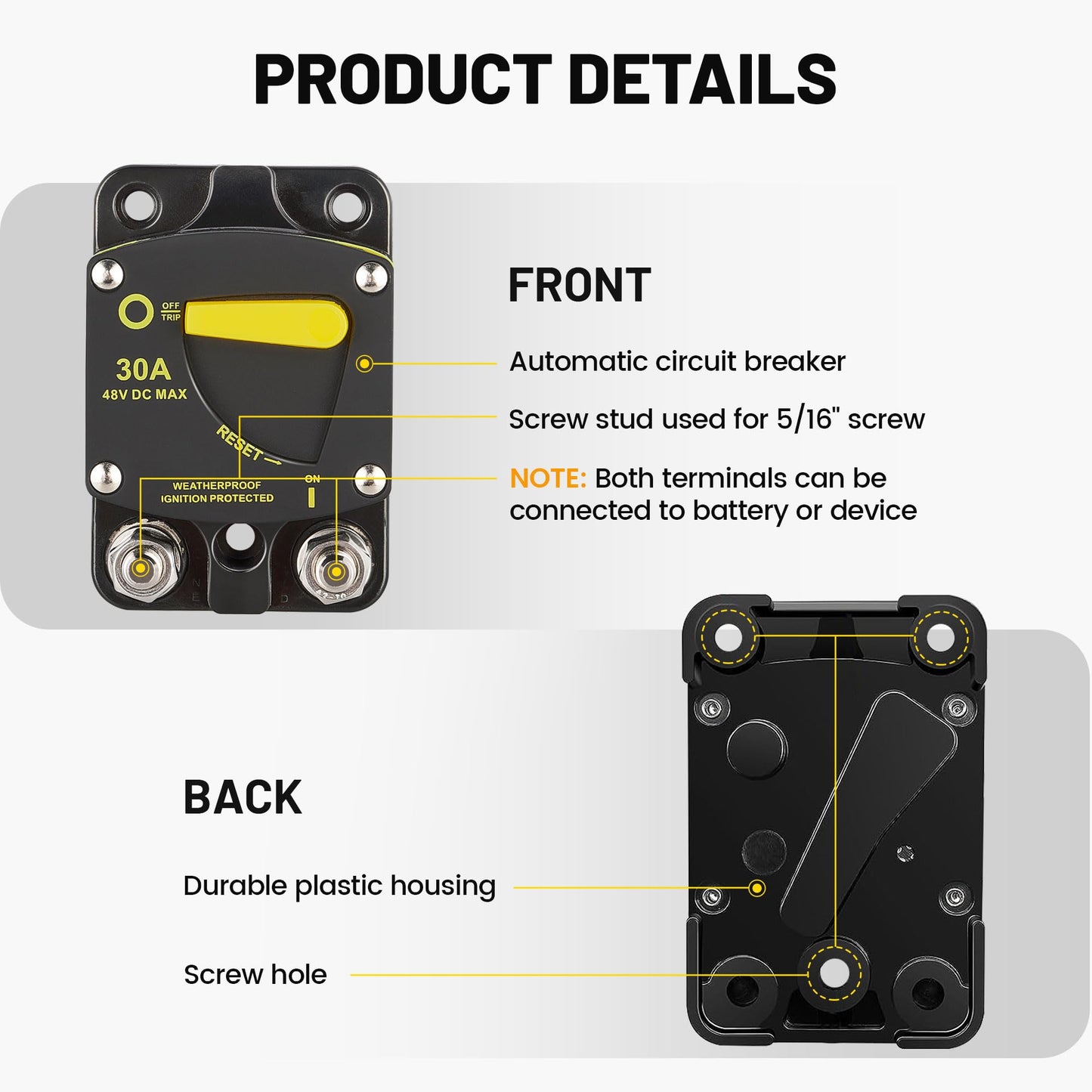 RED WOLF BS6060 60A Amp Circuit Breaker W/Manual Reset Switch DC 12-48V for Car Audio RV Marine Boat Truck Trolling Motors Stereo Audio Electronic Battery Solar System Waterproof