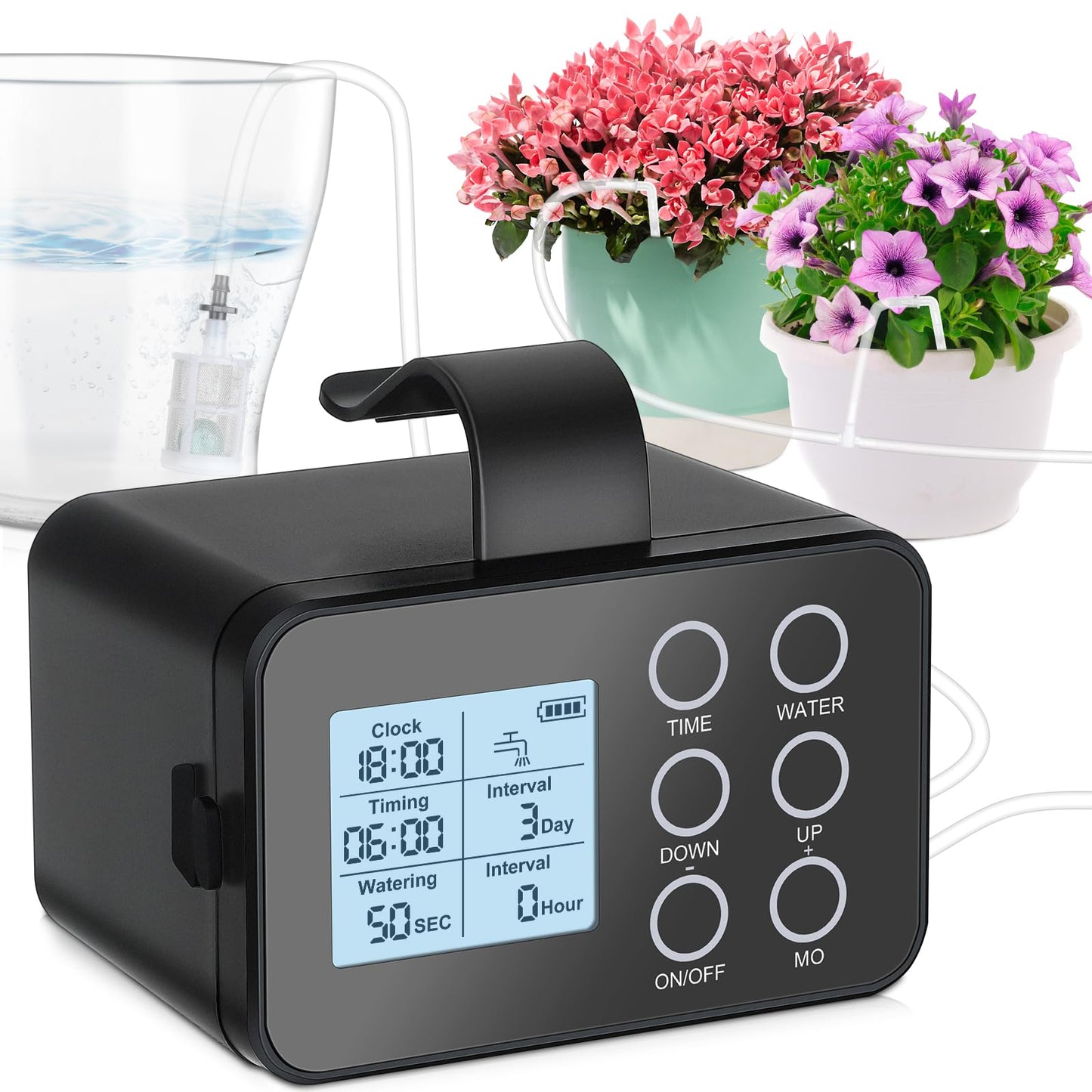 Automatic Plant Watering System for 15 Pots, [Upgraded] Tipkook Programmable Indoor/Outdoor Drip Irrigation System with LCD Touchscreen,1-300s Watering Timer, Vacation Garden Watering System