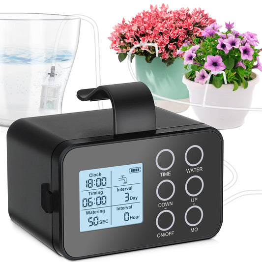 Automatic Plant Watering System for 15 Pots, [Upgraded] Tipkook Programmable Indoor/Outdoor Drip Irrigation System with LCD Touchscreen,1-300s Watering Timer, Vacation Garden Watering System
