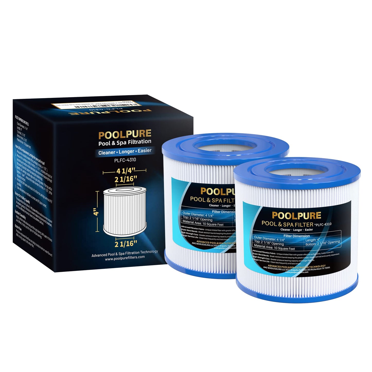 POOLPURE Replacement Spa Filter for PWW10, Unicel C-4310, Filbur FC-3077, Excel Filters XLS-435, Aladdin 11003, Baleen AK-3006, Darlly 40101, Thermo Spa FL1003, SD-00260 Hot Tub Filter, Pack of 2