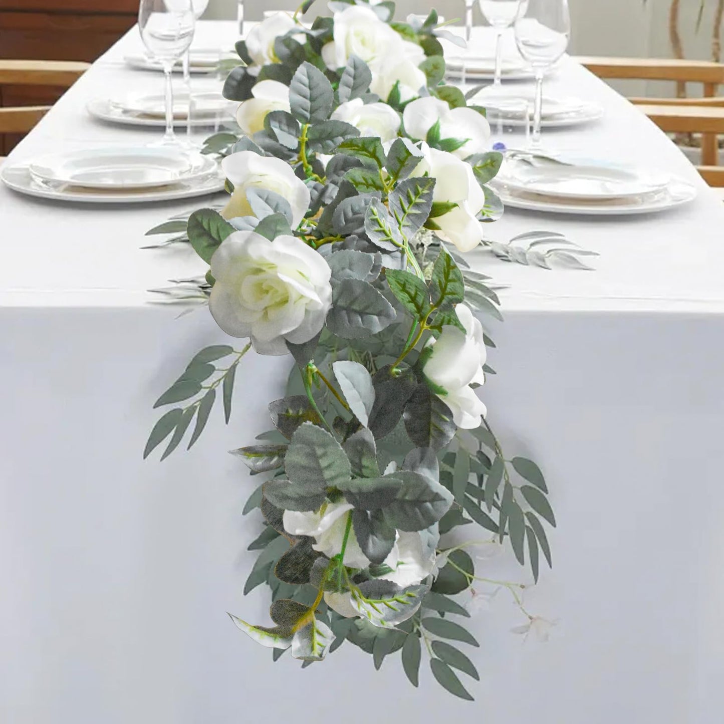 Bacucine Flower Garland Rose Vine 4Pcs 28FT Artificial Floral Garland with Green Leaves Hanging Rose Vine for Wedding Party Garden Home Wall Decor (White)
