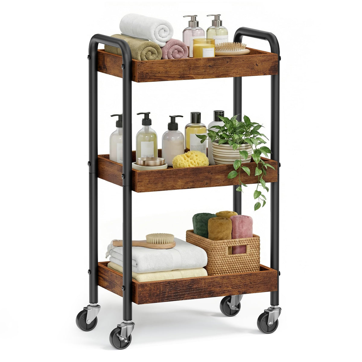 SONGMICS 3-Tier Rolling Cart on Wheels, Kitchen Storage Utility Cart for Bedroom, Bathroom, Study, MDF Shelves with Metal Frame and Handles, 27.5 x 41.3 x 73 cm, Rustic Brown ULRC081KD01