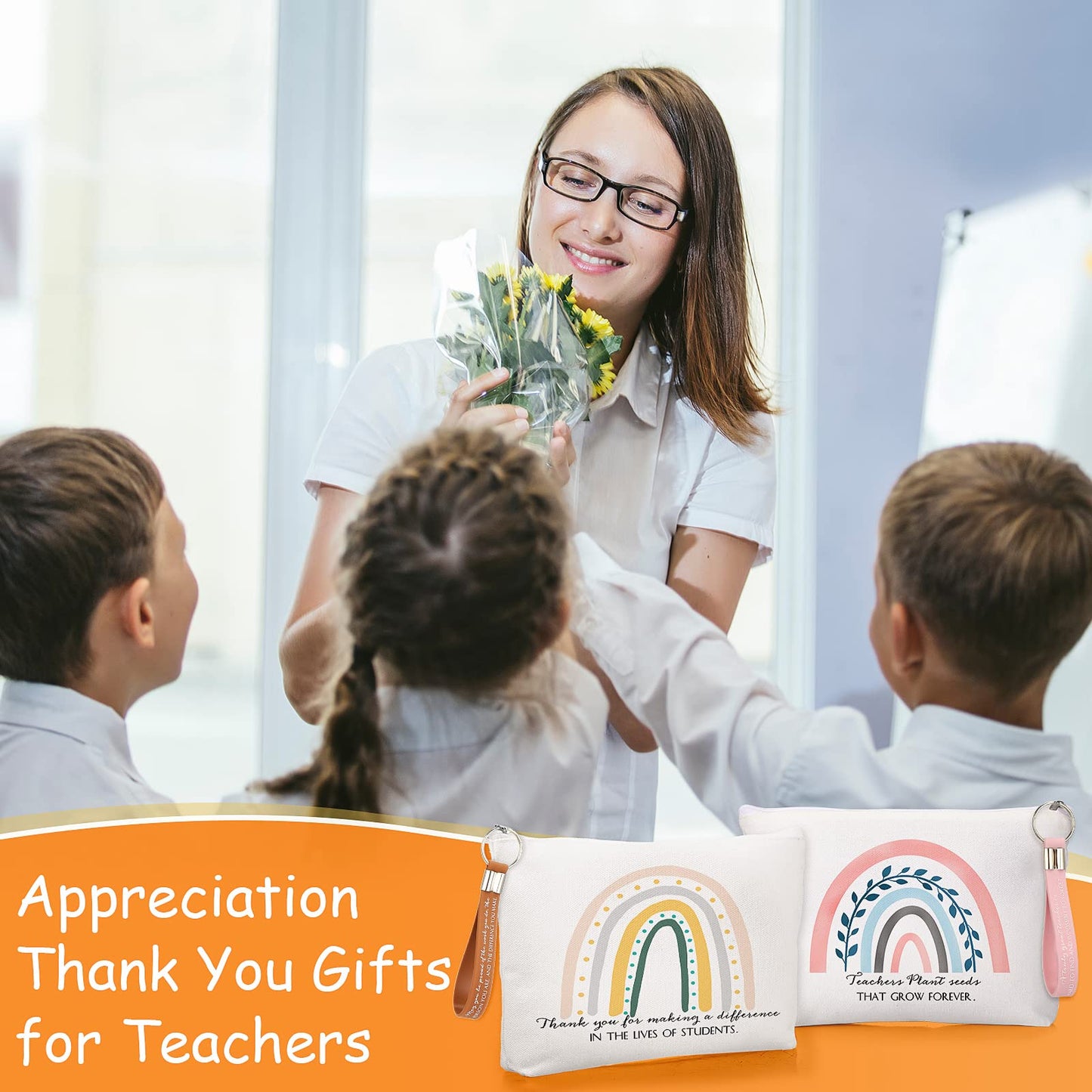Fumete 20 Pcs Teacher Gift Inspirational Rainbow Makeup Bag Rainbow Silicone Keychains Bulk Zipper Canvas Teacher Pencil Pouch for Employee Appreciation Thank You Gifts Thanksgiving Christmas