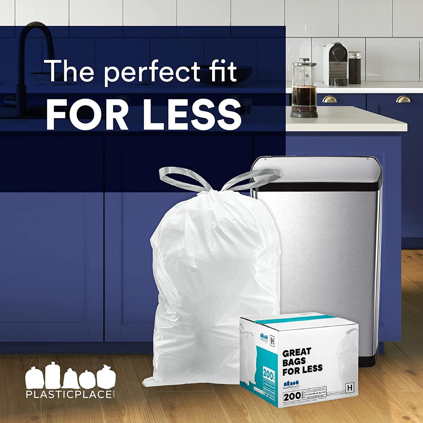 Plasticplace Custom Fit Trash Bags │ simplehuman (x) Code D Compatible (200 Count) │ White Drawstring Garbage Liners 5.2 Gallon / 20 Liter │ 15.75" x 28"