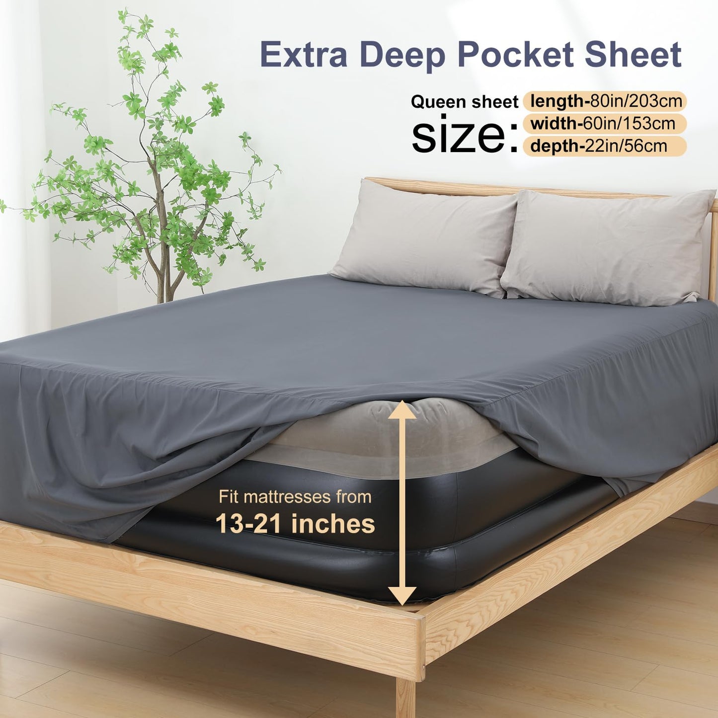 Lewondr Extra Deep Pocket Queen Sheet for Air Mattress, Queen Sheets Deep Pocket Bed Sheet with All-Round Rubber Band, Fit with 13-21 in, Bed Sheet