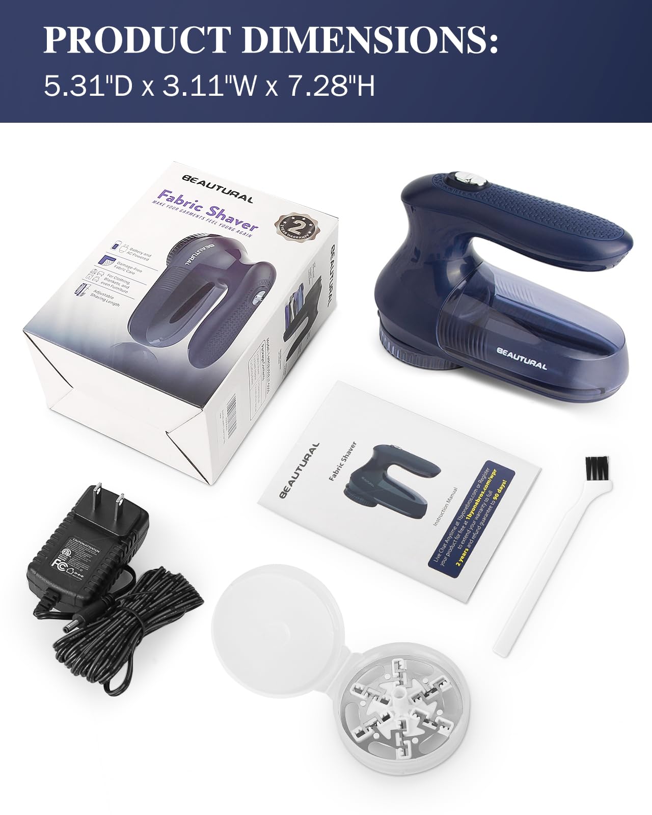 BEAUTURAL Fabric Shaver and Lint Remover Home-Edition, Powerful & Efficient Sweater Defuzzer with 2-Speeds for Clothes and Furniture, AC Adapter or Battery Powered Pill Fuzz Remover