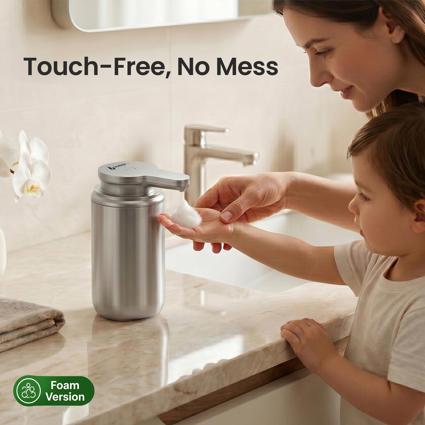 GentleJet WaveJet Automatic Foaming Soap Dispenser Touchless Sensor, USB-C Rechargeable, 304 Stainless Steel, IPX5 Waterproof for Bathroom Kitchen Sink, 12 oz / 350 ml