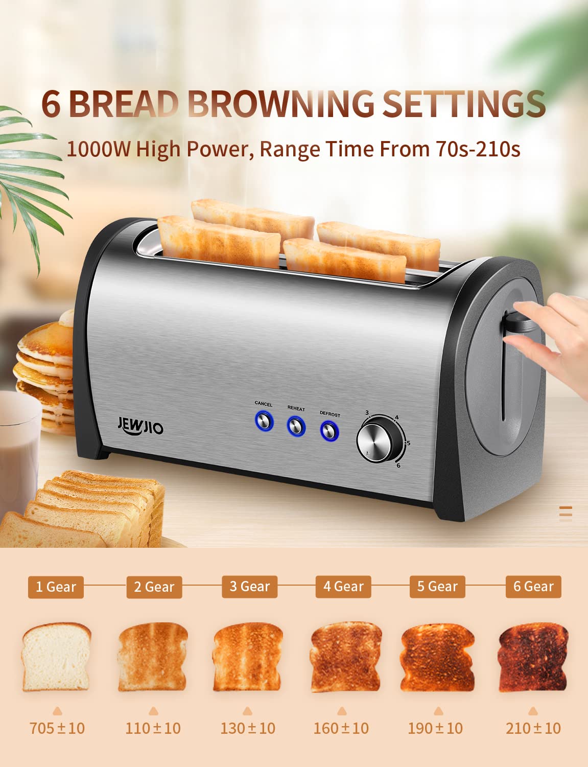 JEWJIO 4-Slice Toaster with Extra-Wide 1.25" Slots & Independent Controls | 1300W for Fast, Even Heating | Defrost, Reheat, Cancel Functions | Removable Crumb Tray Brush Silver