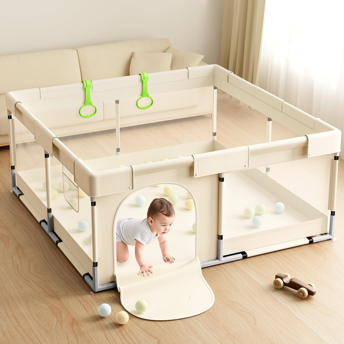 Mloong Baby Playpen for Toddler Beige - 47x47 Play pen for Babies and Toddlers,Beige Baby Play Yard,Fence Play Area Activity Center,Corral Para Bebé
