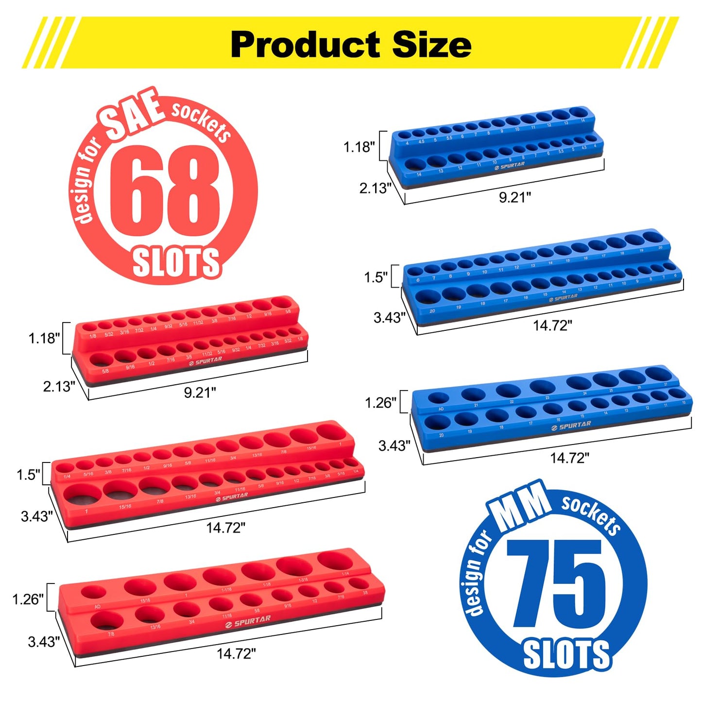 Spurtar Magnetic Socket Organizer 6 Pcs, Metric SAE Magnetic Socket Holder Includes 1/4-Inch, 3/8-Inch, 1/2-Inch Drive Metric SAE Trays, Holds 143 Standard Size and Deep Size (Sockets Not Included)