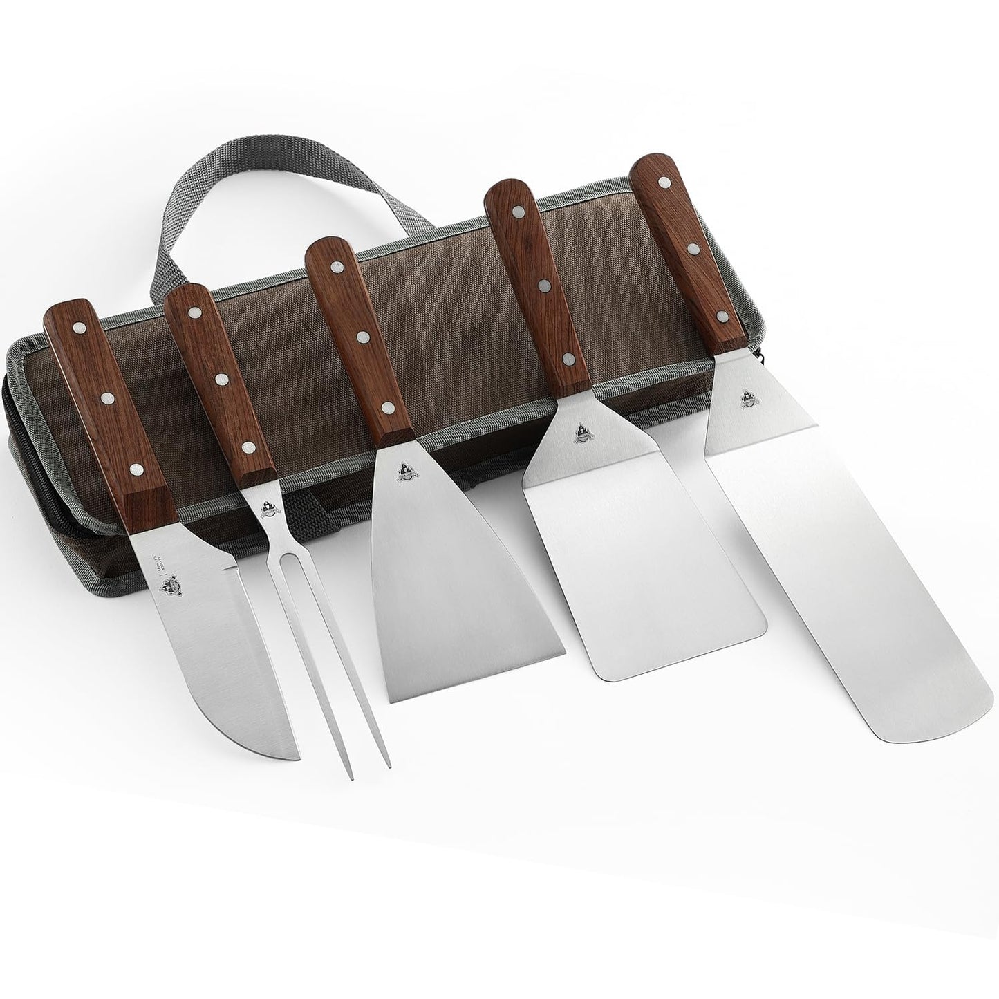 GRILLGEN Griddle Accessories Kit – 6-Piece BBQ Grill Tool Set with Rosewood Handles, Spatulas, Scraper, Santoku Knife, Fork & Storage Bag, Stainless Steel Flat Top Griddle Tools for Outdoor Cooking