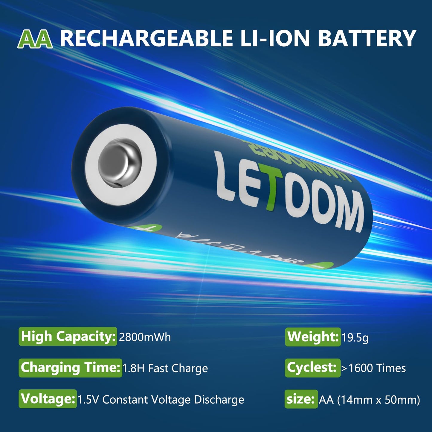 Rechargeable Lithium AA Batteries 2800 mWh 1.5V with Charger (12 Pack)
