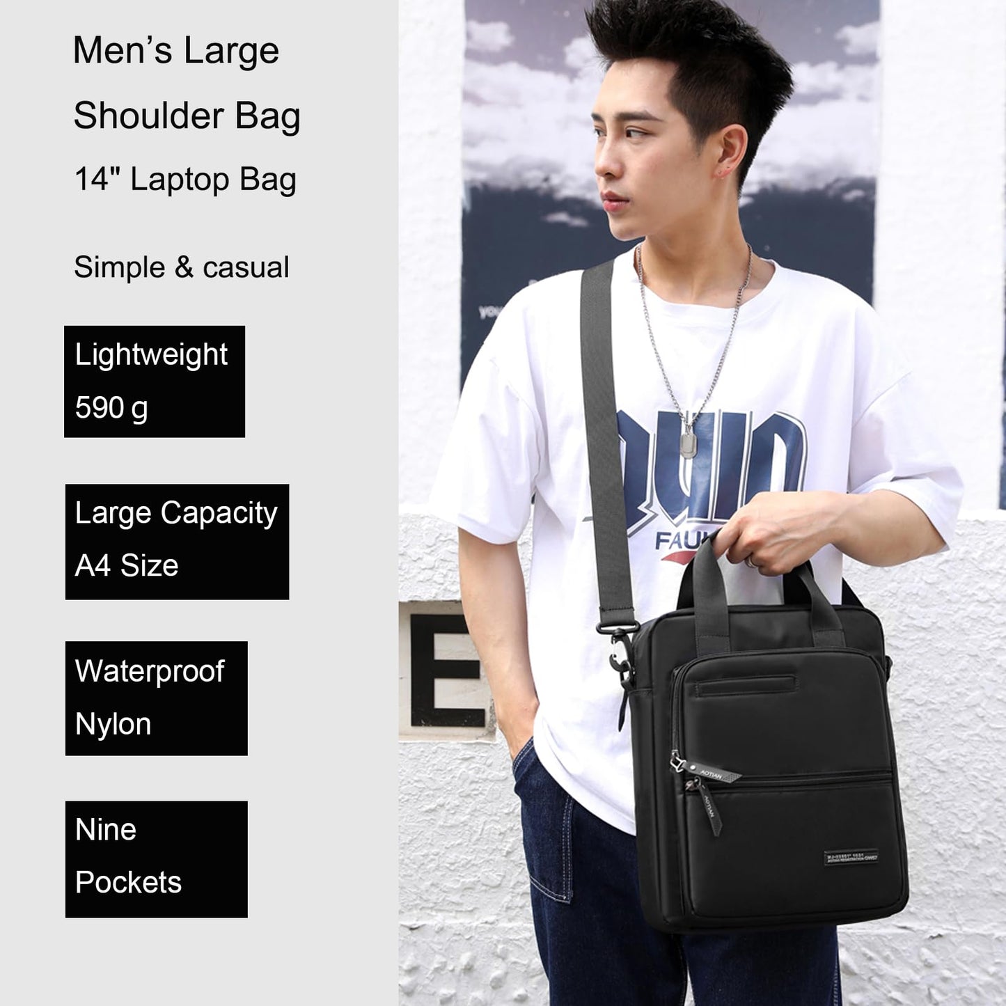 Men's 14-inch Laptop Messenger Bag Nylon Large Shoulder Bag Business Waterproof Casual Black Crossbody for Work Travel Outdoor