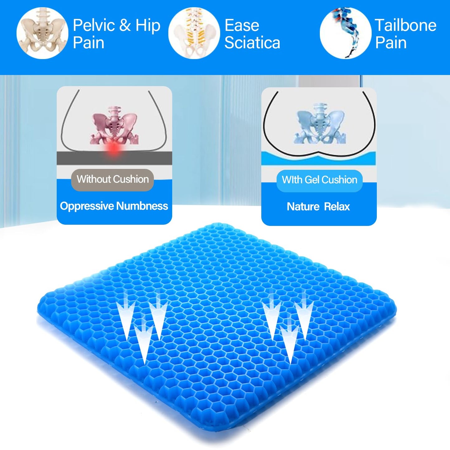 Gel Seat Cushion for Long Sitting,Breathable Double Layer Honeycomb Gel Chair Cushion with Non-Slip Cover for Office Chair,Car,Long Trips & Wheelchair,Seat Pad for Relieve Pain (Blue-45×45cm)