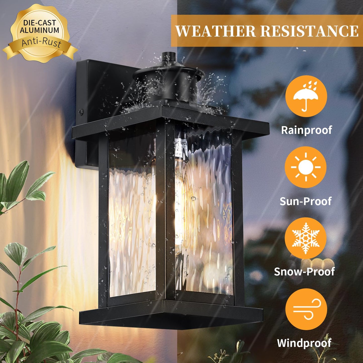 11.65'' Outdoor Light Fixture 2 Pack, Outdoor Wall Lights Exterior Wall Sconce with Water Ripple Glass, Waterproof Porch Light Lantern Wall Mounted, Modern Black Outside Lights for House Patio Garage