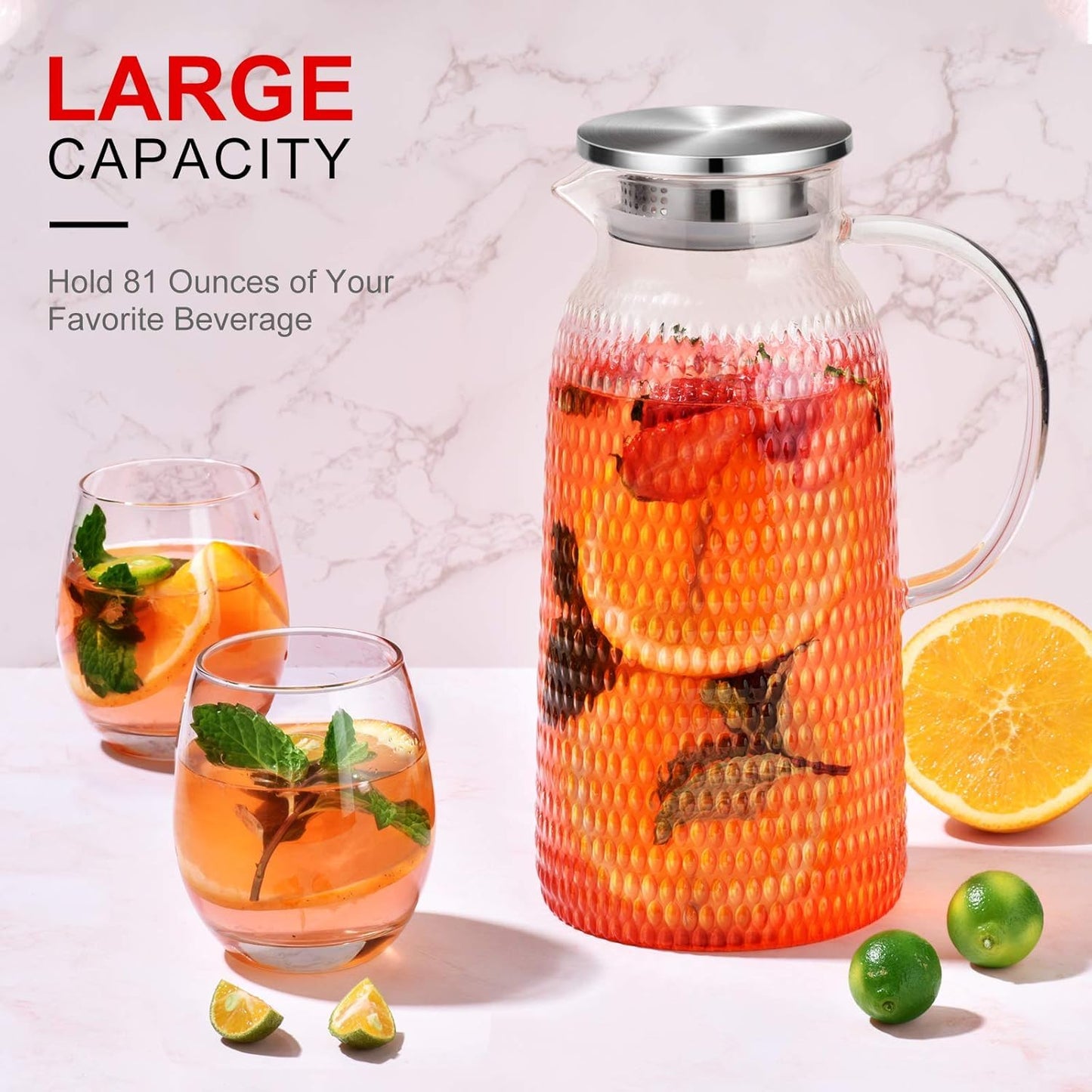Pitcher, 2.4 L Water Pitcher, Juice Jug Ice Tea Pitcher, Glass Pitchers with Stainless Steel Lid, Heat Resistant Glass, Jug for Homemade Cold/Hot Tea Juice Milk Coffee, Easy Clean