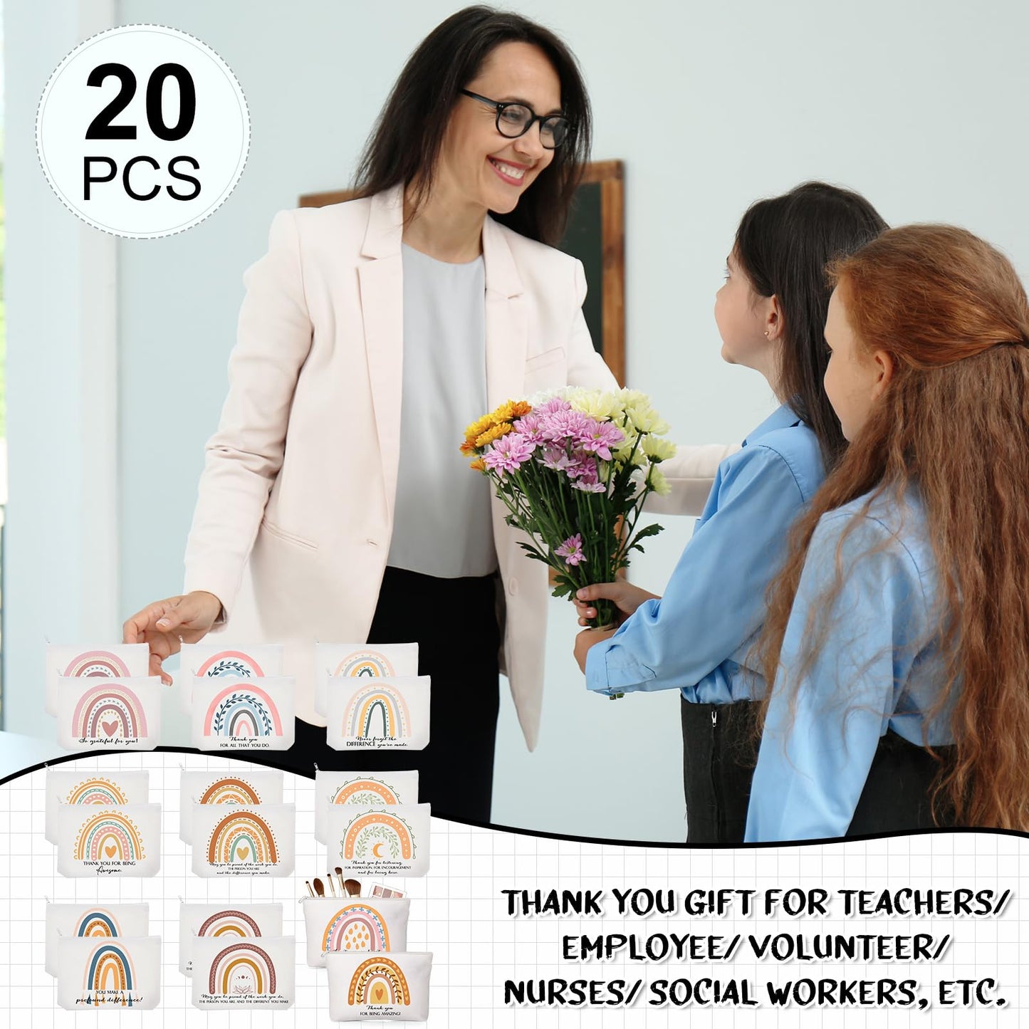 Sieral 20 Pcs Makeup Bags Bulk Custodian Appreciation Gifts Inspirational Cosmetic Bag Pouch with Zipper for Women Employee Thank You Gifts for Nurse Vet Tech Week(Rainbow)