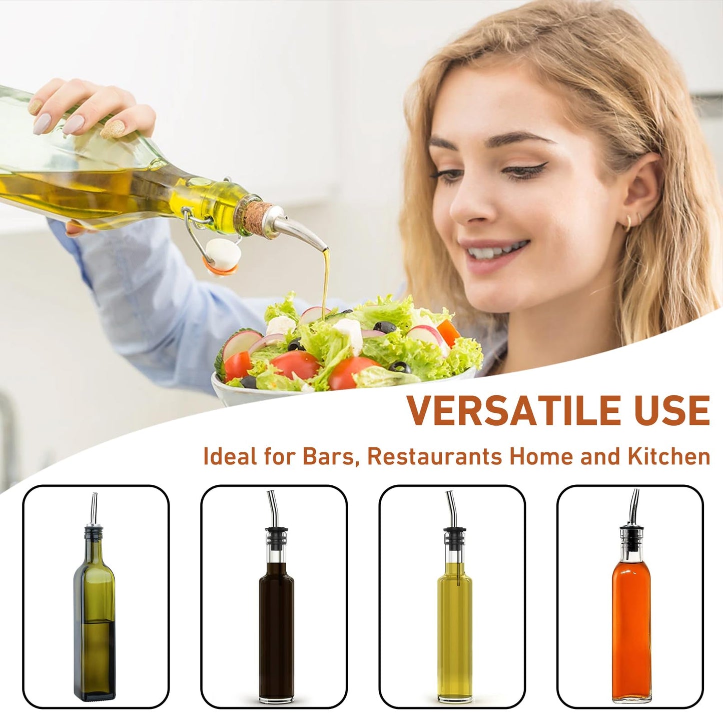 48 Pack Liquor Bottle Pourers, Stainless Steel Liquor Pour Spout, Olive Oil Spout, Bar Bartender Bottle Pourers for Alcohol with Rubber Dust Caps, Tapered Spout